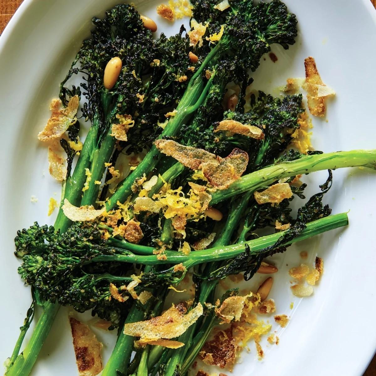 Vibrant image of Charred Broccolini Salad with crispy garlic and lemon, perfect for a light vegetarian meal.