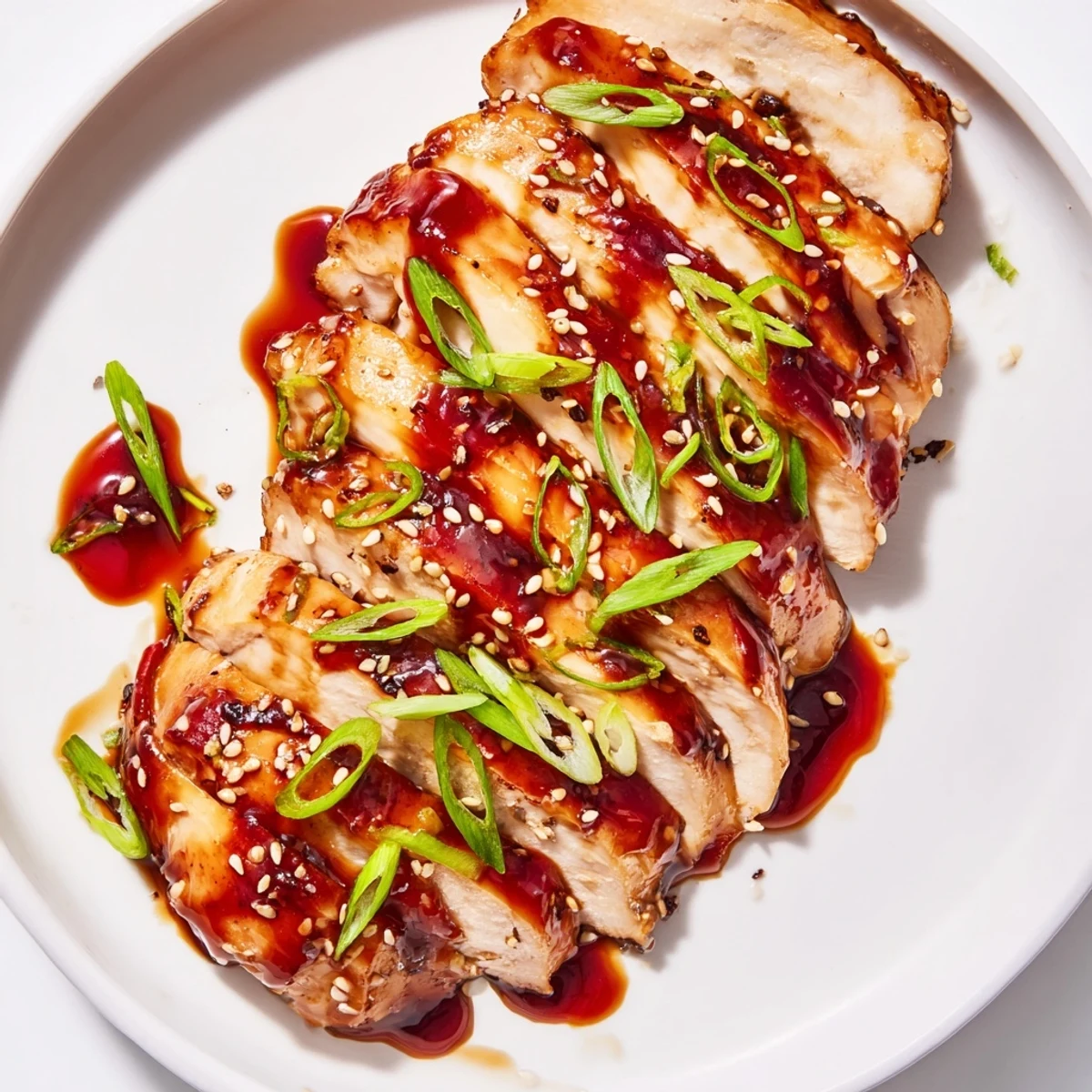 Image shows a plate of Sweet and Spicy Sriracha Honey Chicken, garnished with green onions and sesame seeds.