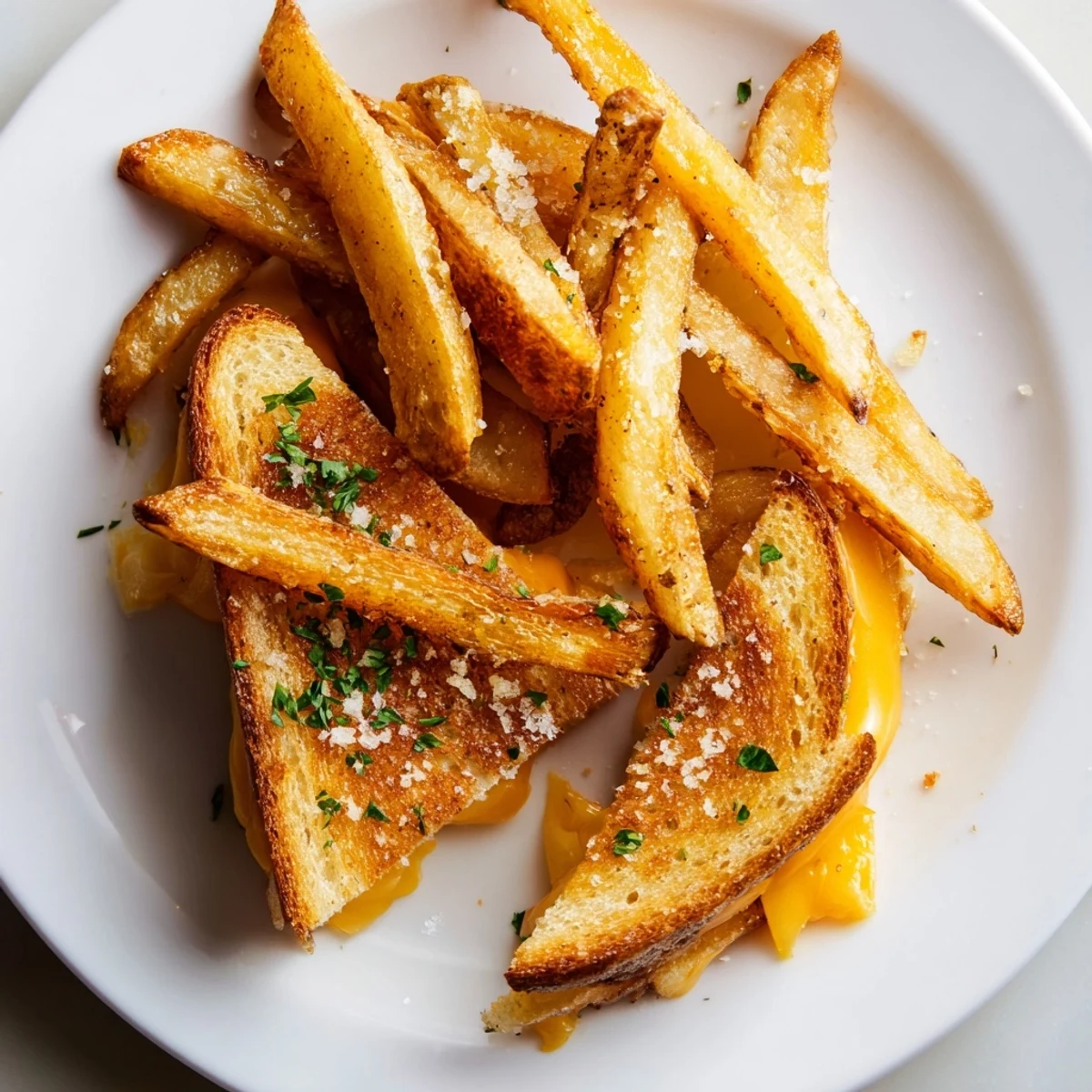 Golden-brown Beef Tallow French Fries Grilled Cheese, oozing melted cheese, a classic American comfort food meal.