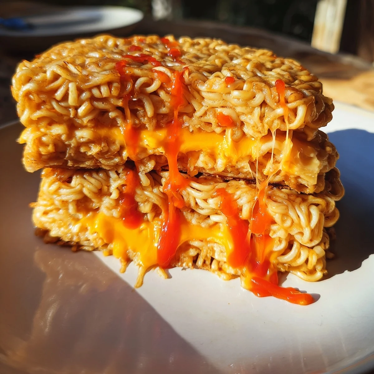Golden, crispy Instant Ramen Grilled Cheese oozing with melted cheddar and a kick of spicy hot sauce.