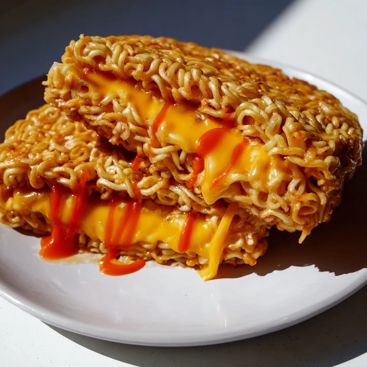 Warm, cheesy filling spilling from a perfectly toasted Instant Ramen Grilled Cheese ready to be devoured.