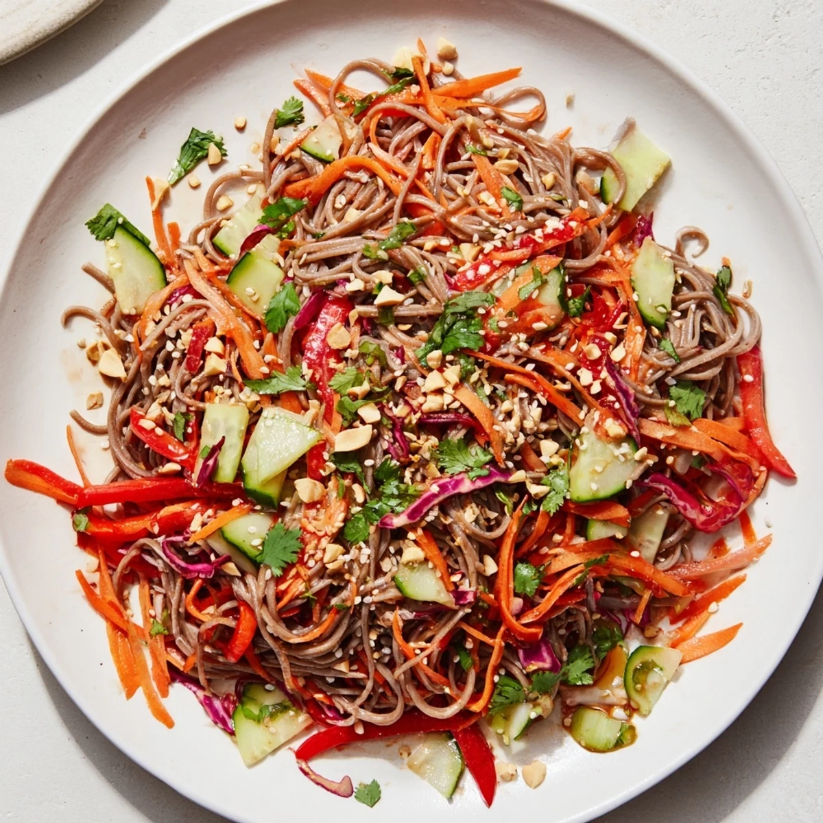 Vibrant cold noodle salad features sesame-ginger dressing with added peanuts for extra crunch and flavor.