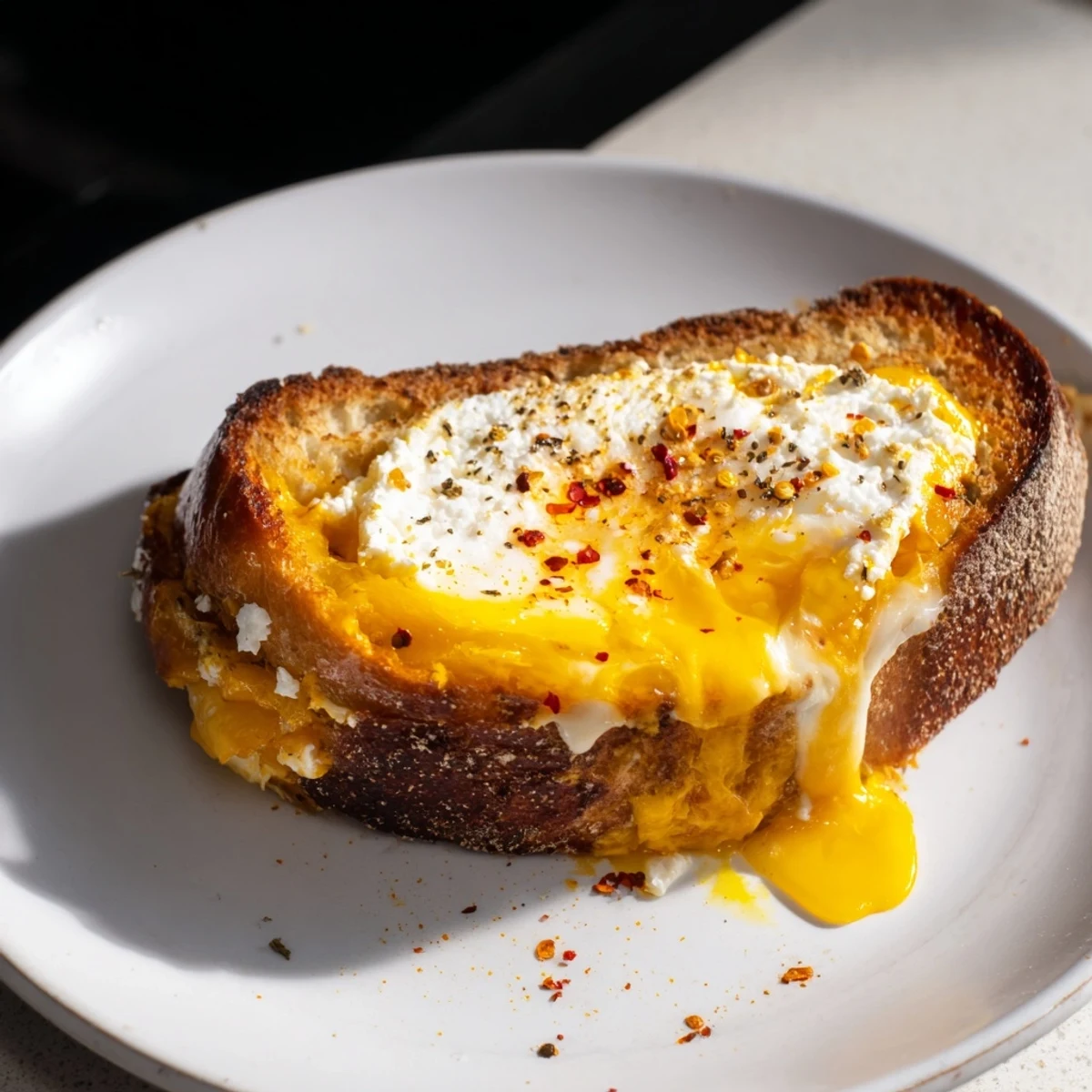 Mouthwatering image of a feta fried eggs grilled cheese with crisp bread and a runny egg yolk.