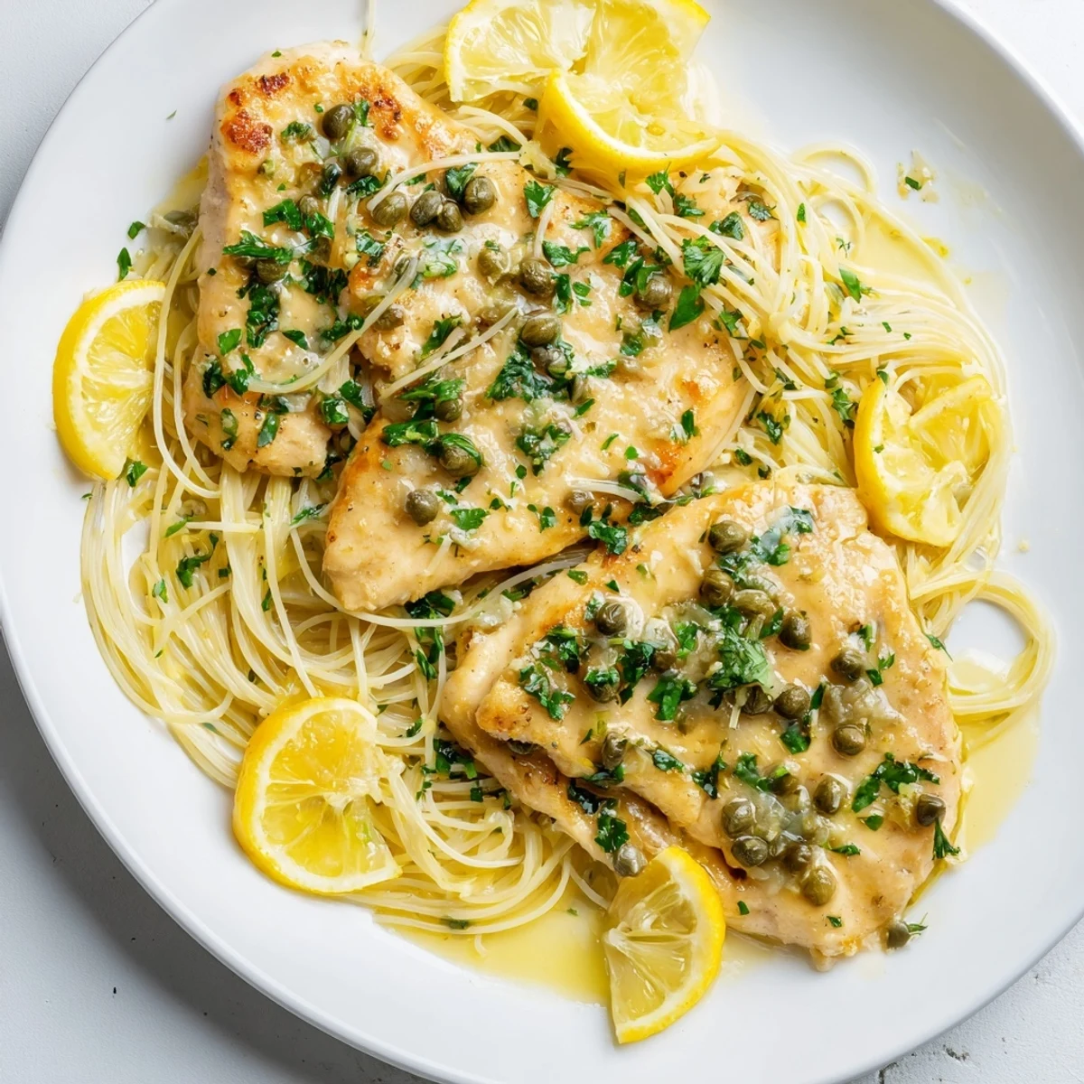 Quick Chicken Piccata Pasta with golden chicken cutlets and a bright, lemony Capers sauce.