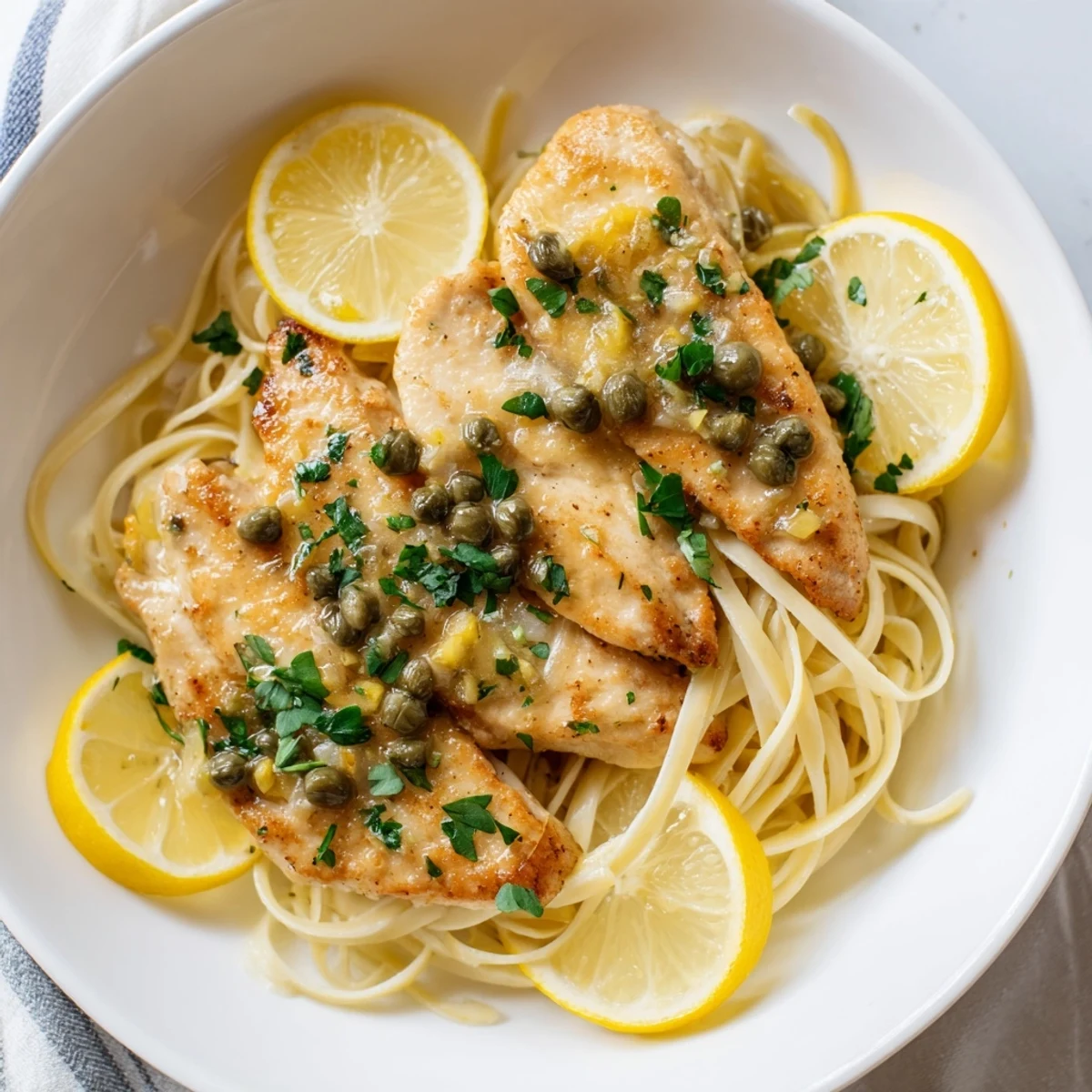 Close-up of Quick Chicken Piccata Pasta, showcasing the tender chicken and al dente pasta.