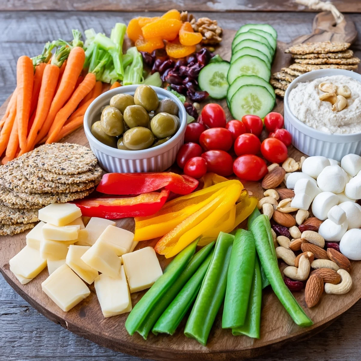 This Veggie Snack Board – Adult Lunchable features vibrant vegetables, creamy hummus, and assorted cheeses for a quick lunch.