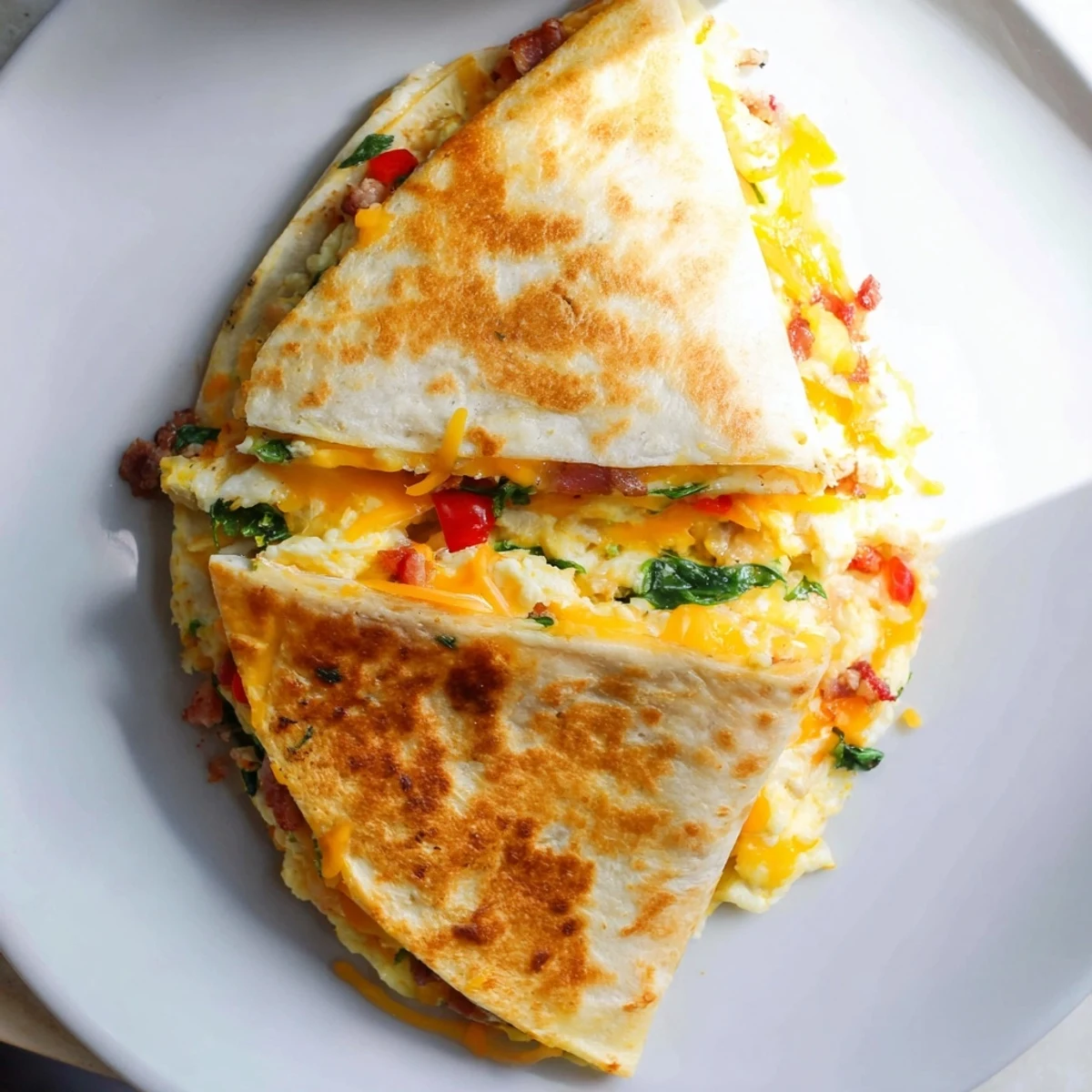 Golden, crispy breakfast quesadilla with folded tortilla revealing cheesy, savory fillings on a plate.