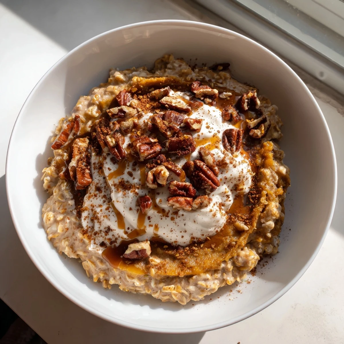 This comforting breakfast features pumpkin spice latte oats, topped with pecans and maple syrup.