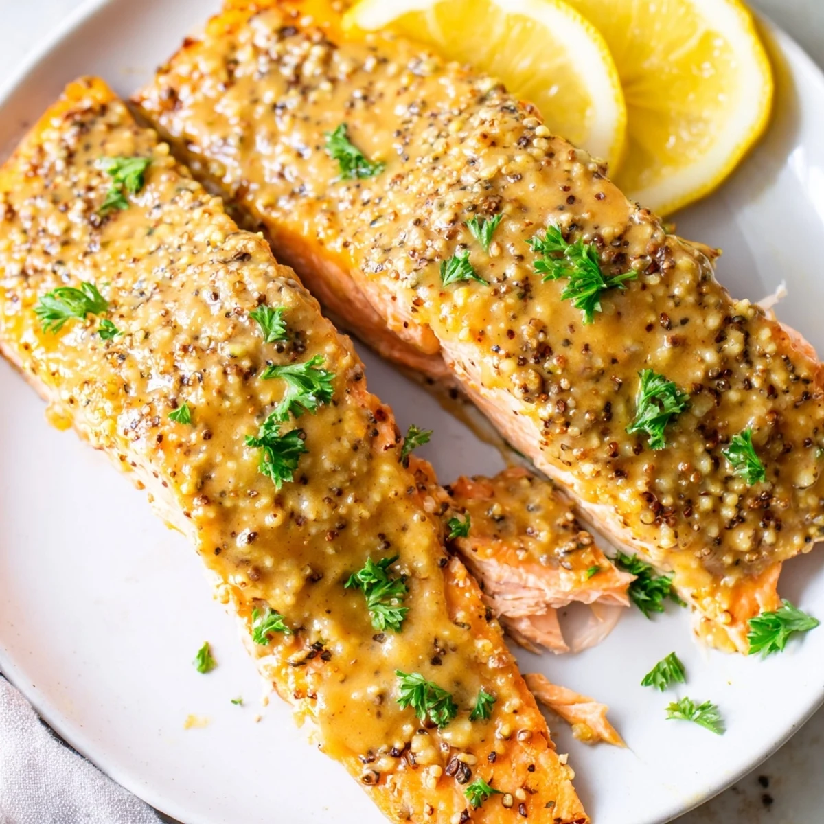 Grilled Honey Mustard Salmon, glistening with a vibrant glaze, ready to serve with lemon wedges.