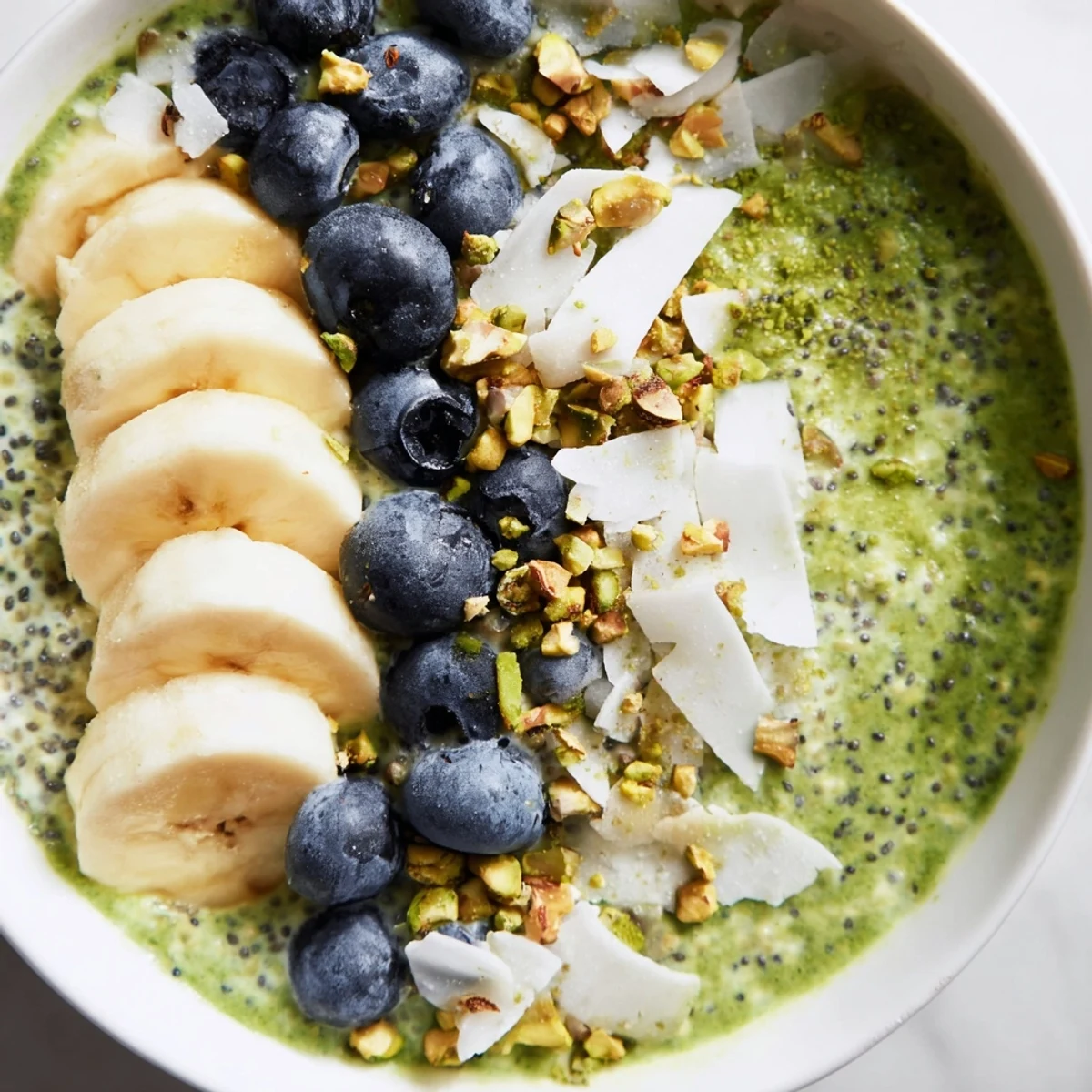 Enjoy a spoonful of richly flavored Matcha Overnight Oats, beautifully garnished with toasted coconut and nuts.