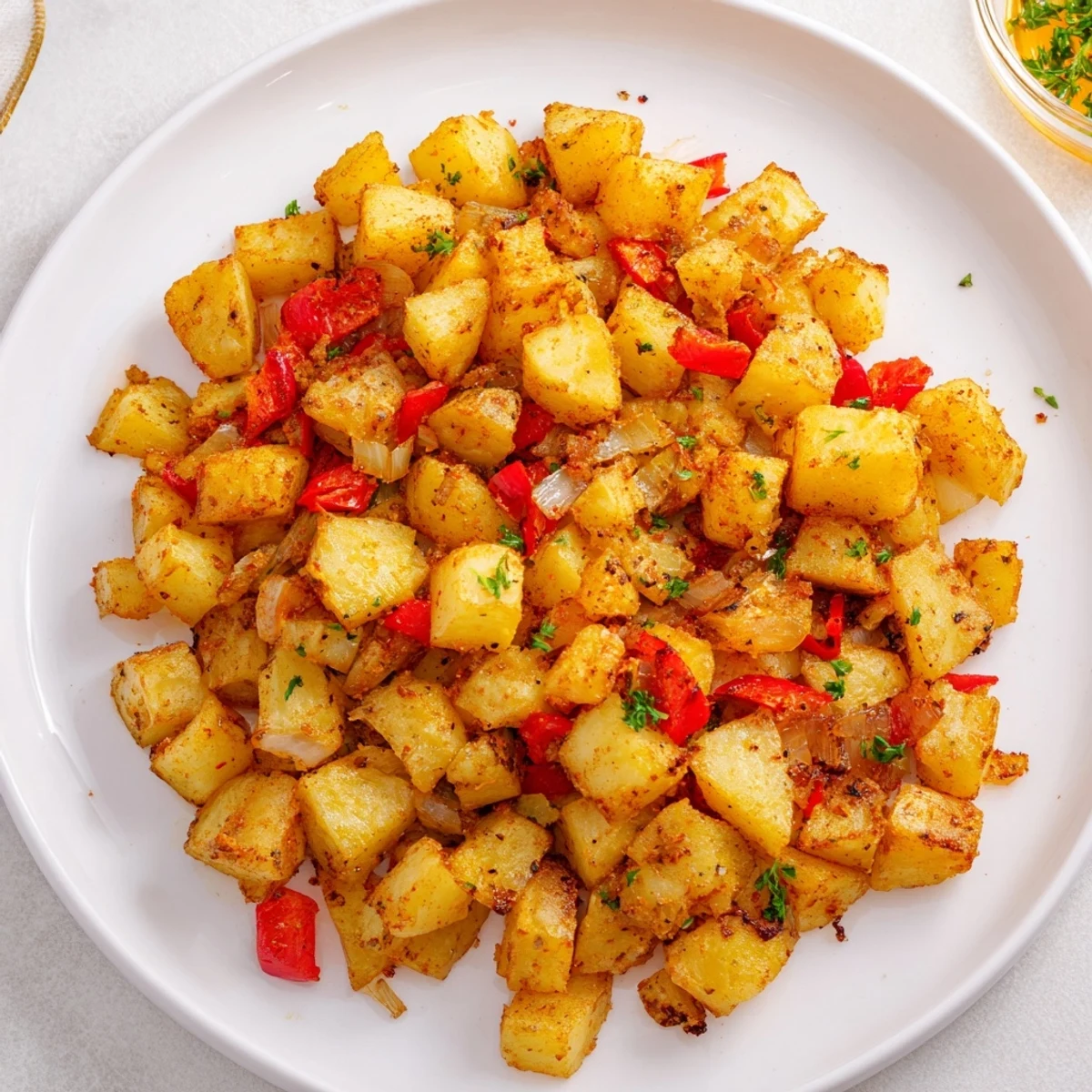 Golden-brown Air Fryer Breakfast Potatoes, perfectly crisped with onions and peppers, ready for serving.