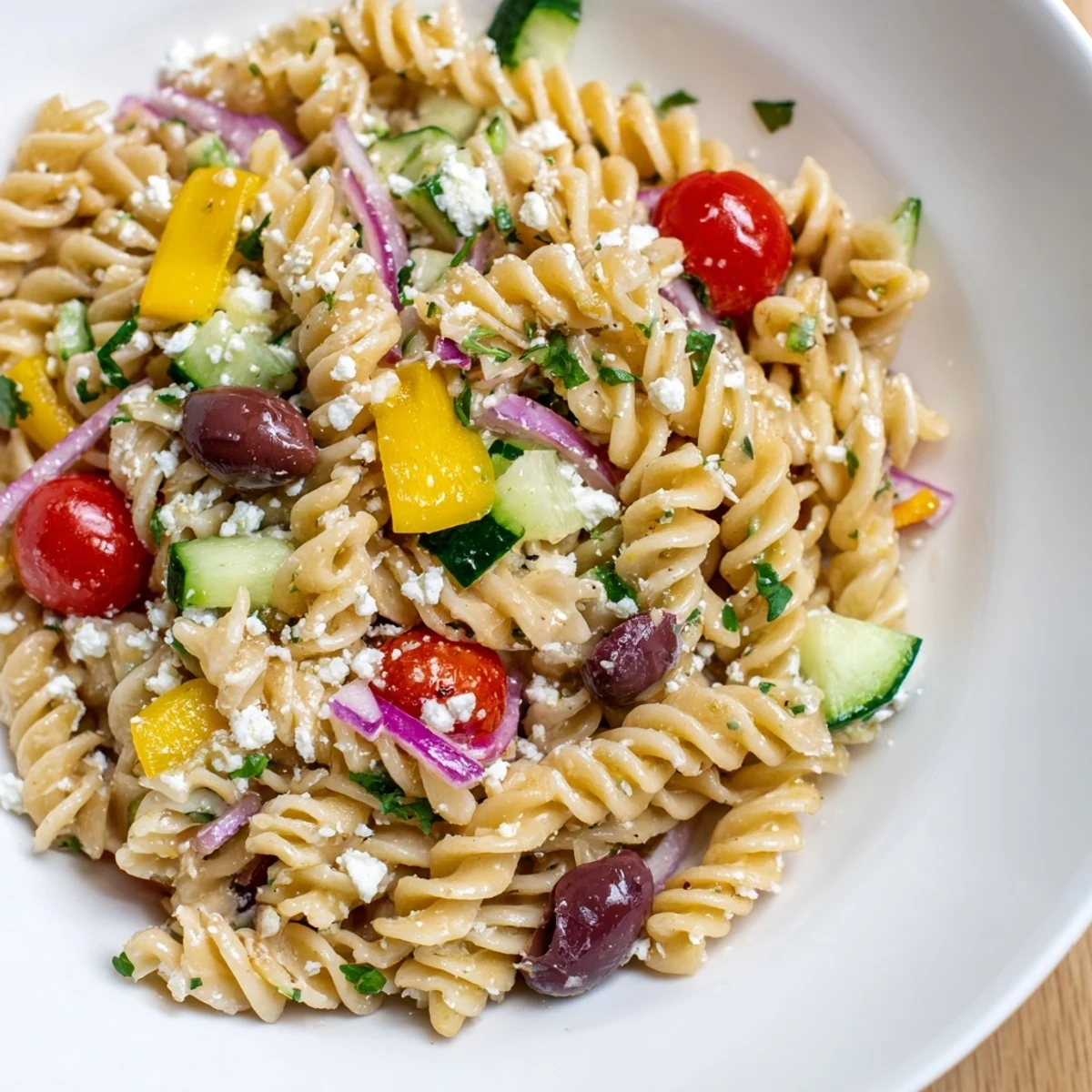 Vibrant photo highlights refreshing Lemon Pasta Salad with tomatoes and feta, ready to serve this summer.