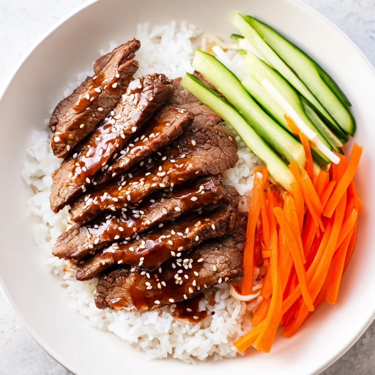 Bulgogi beef bowl with glistening, tender marinated beef over fluffy rice and vibrant vegetables.