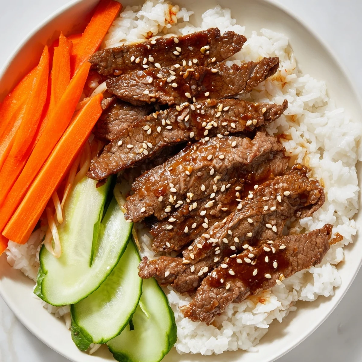 This flavorful Bulgogi beef bowl presents a colorful mix of ingredients, ready for a delicious, quick meal.