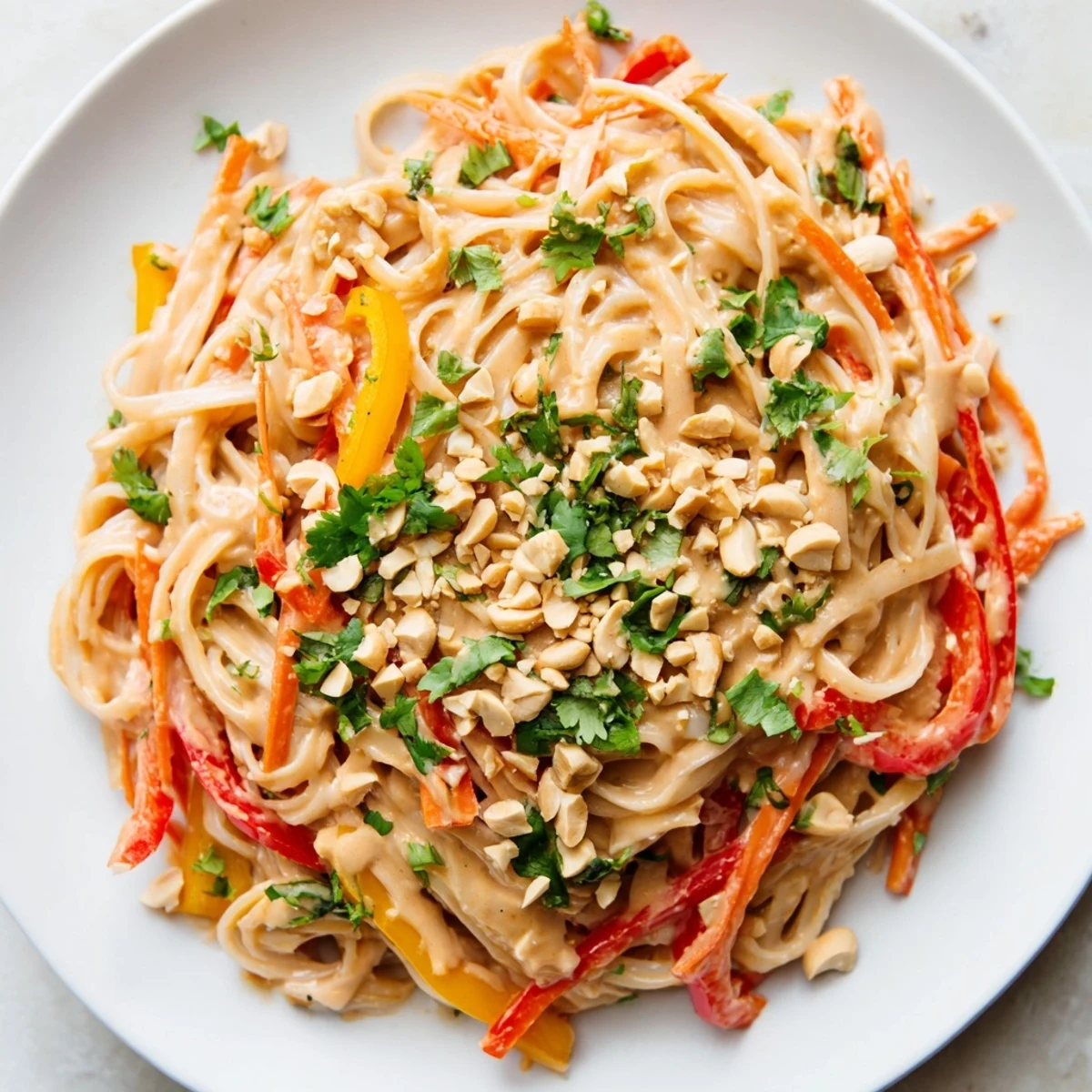 A steaming plate of Spicy Peanut Noodles, vibrant with bell peppers and fresh cilantro.