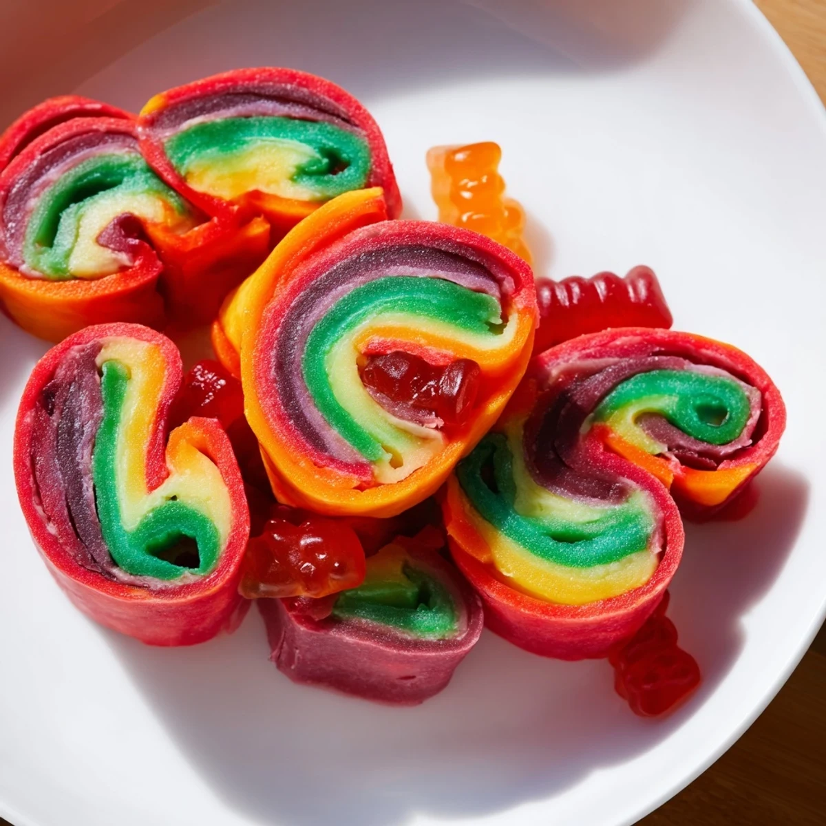 Sweet and fruity Rainbow Candy Roll Ups: Delicious gummy candies rolled inside colorful fruit roll-ups, ready to enjoy.