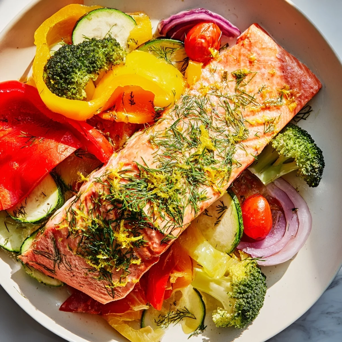 Flaky, perfectly cooked salmon sheet pan bake with colorful roasted vegetables and fresh herbs.