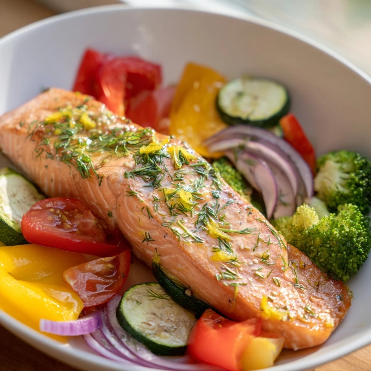 Enjoy this easy salmon sheet pan bake presenting a healthy, flavorful pescatarian dinner option.