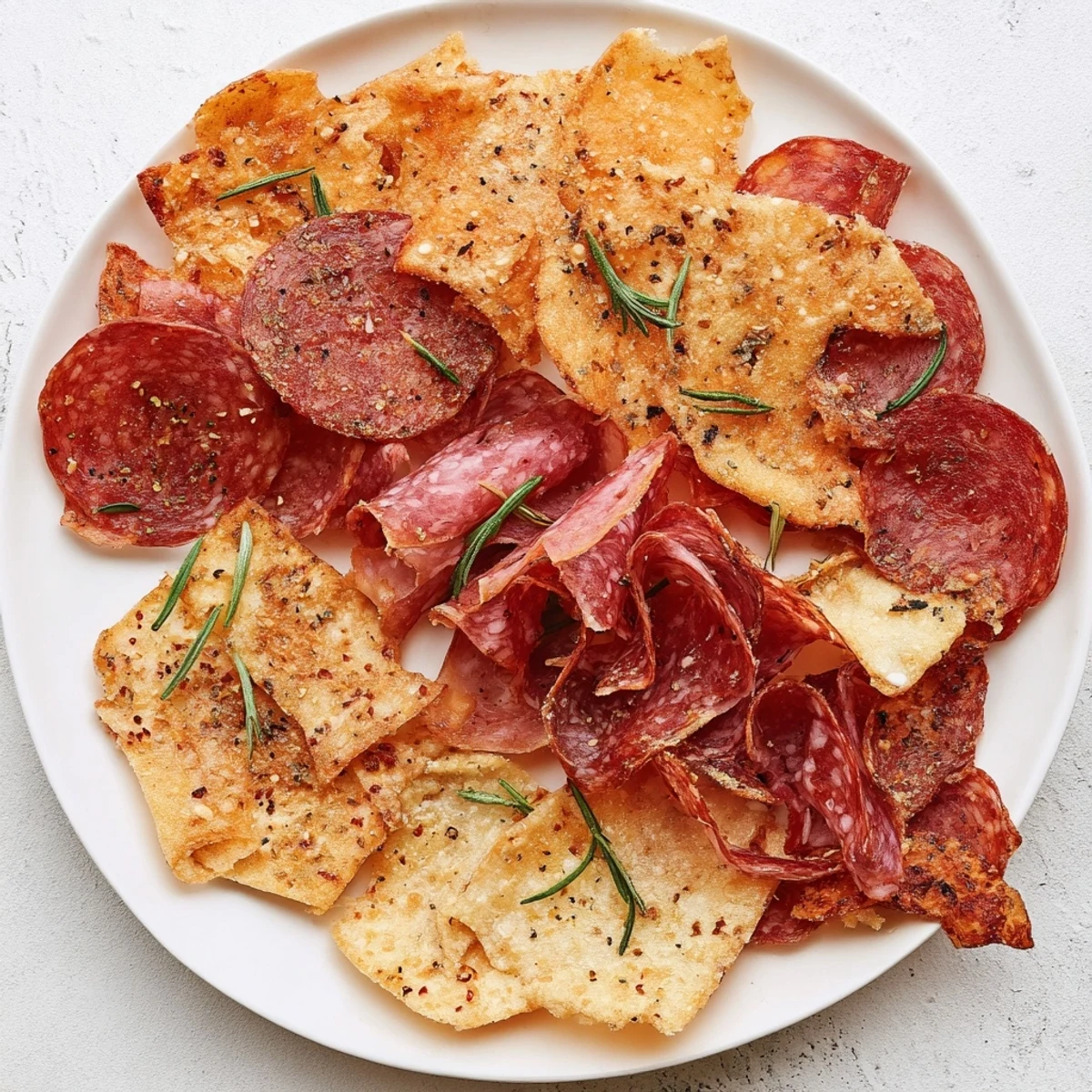 Freshly made charcuterie chips, a simple snack with the savory flavors of cured meats.