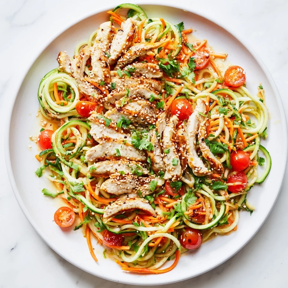 Grilled chicken and cucumber salad drizzled with sesame dressing; a fresh and healthy dish.