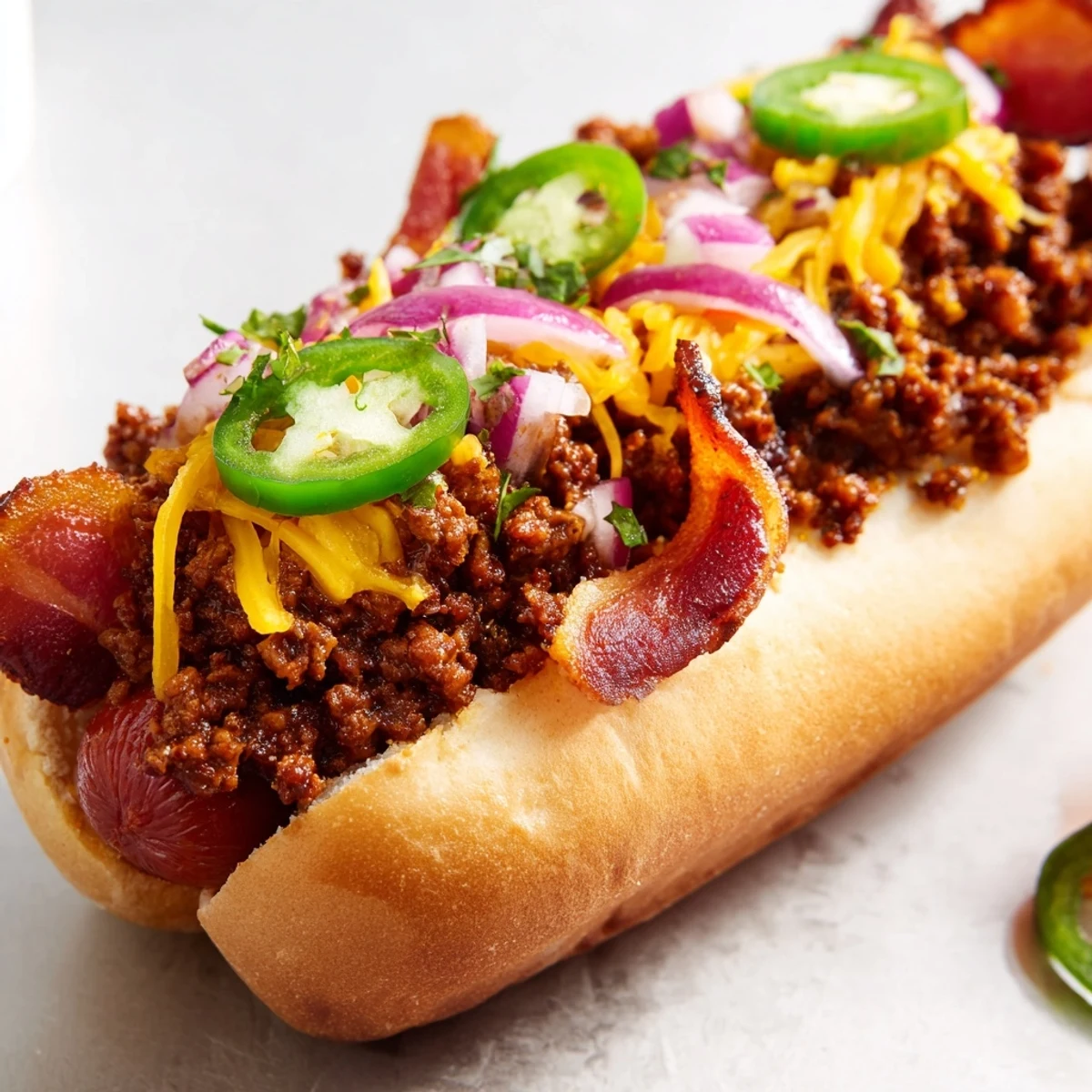 A close-up of delicious Mexican Hot Dogs, showing the sizzling bacon and spicy jalapeños.