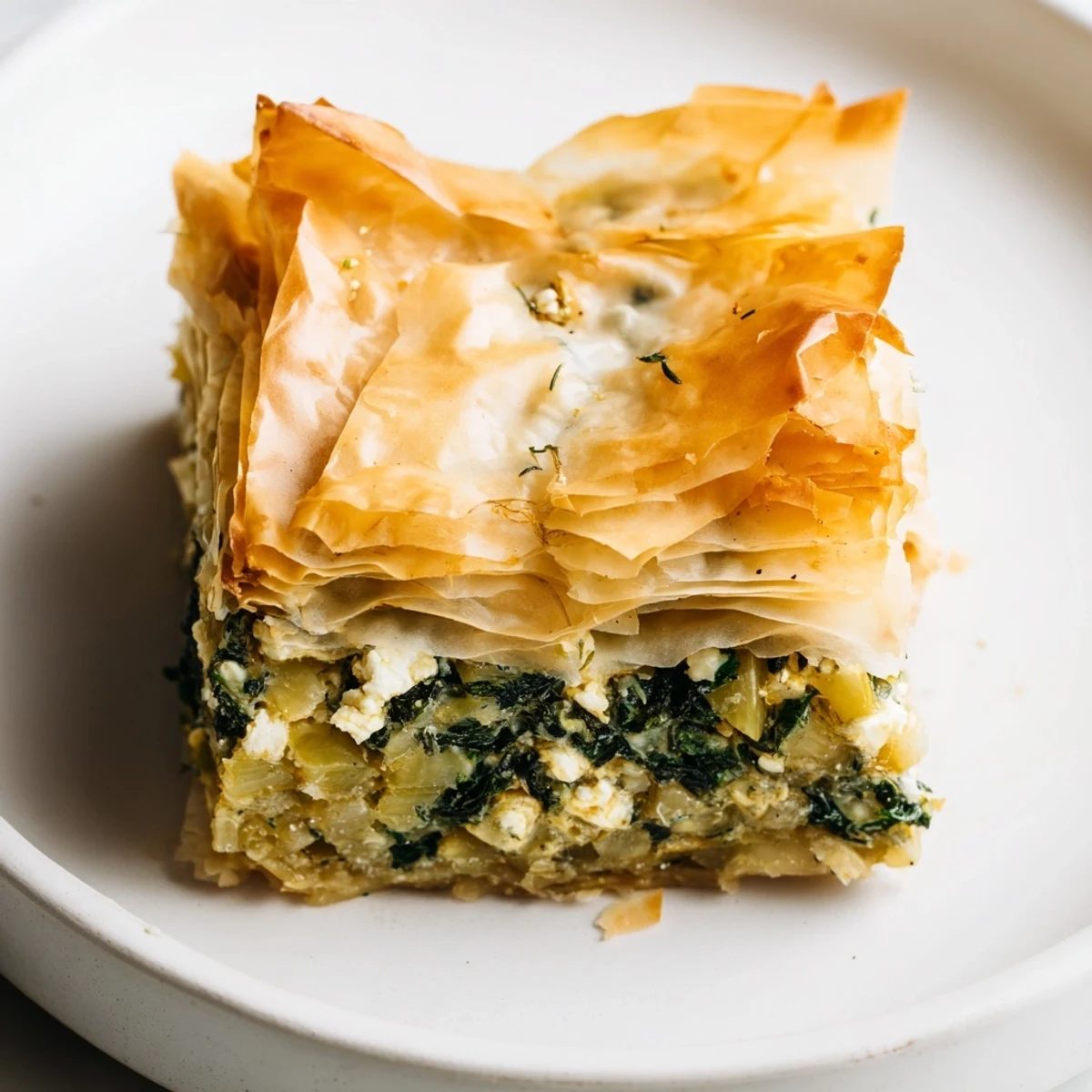 Close-up of a bubbling, aromatic Greek Spanakopita, filled with spinach and feta cheese.