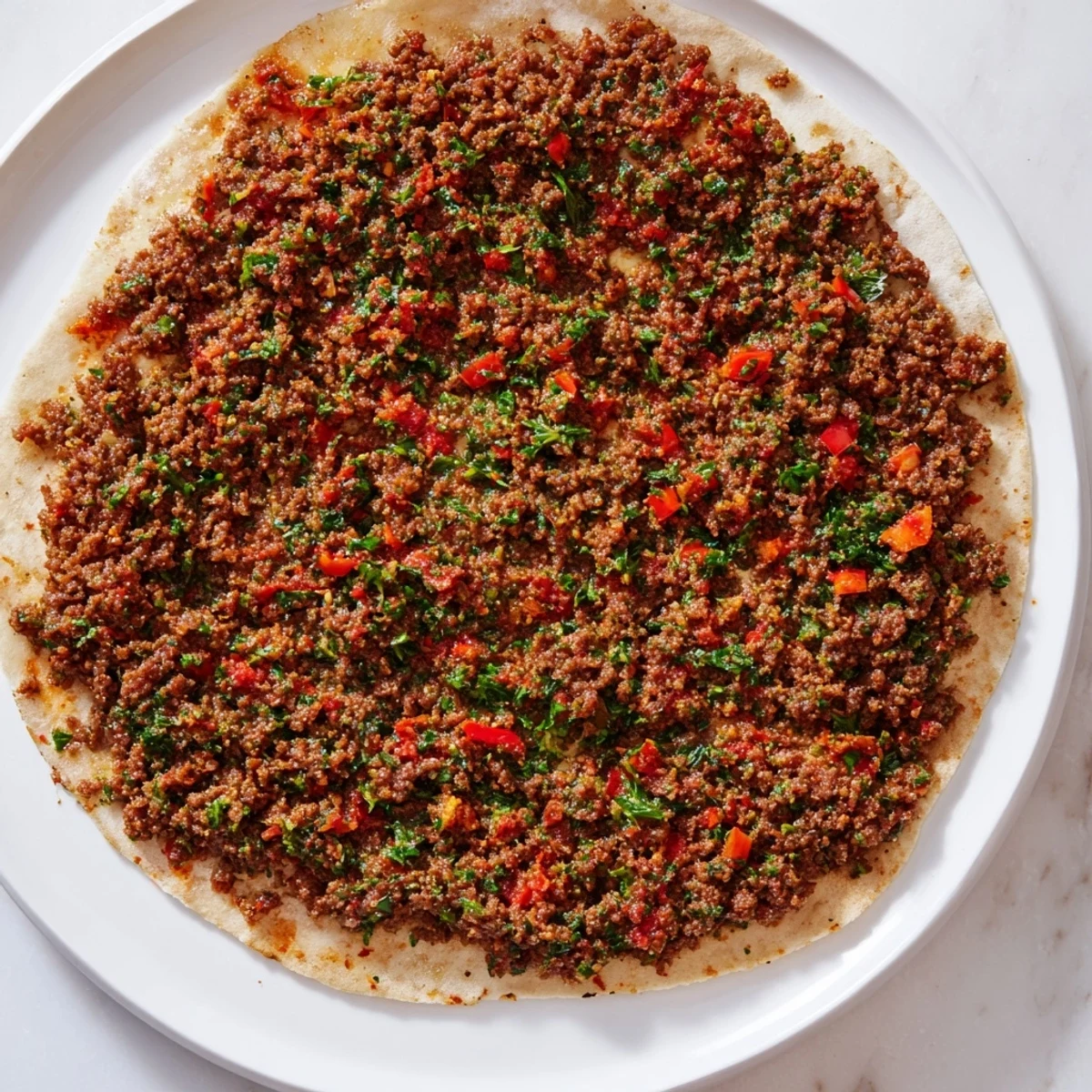 Crispy Turkish Lahmacun flatbread with spiced meat topping, ready to be enjoyed with fresh herbs.