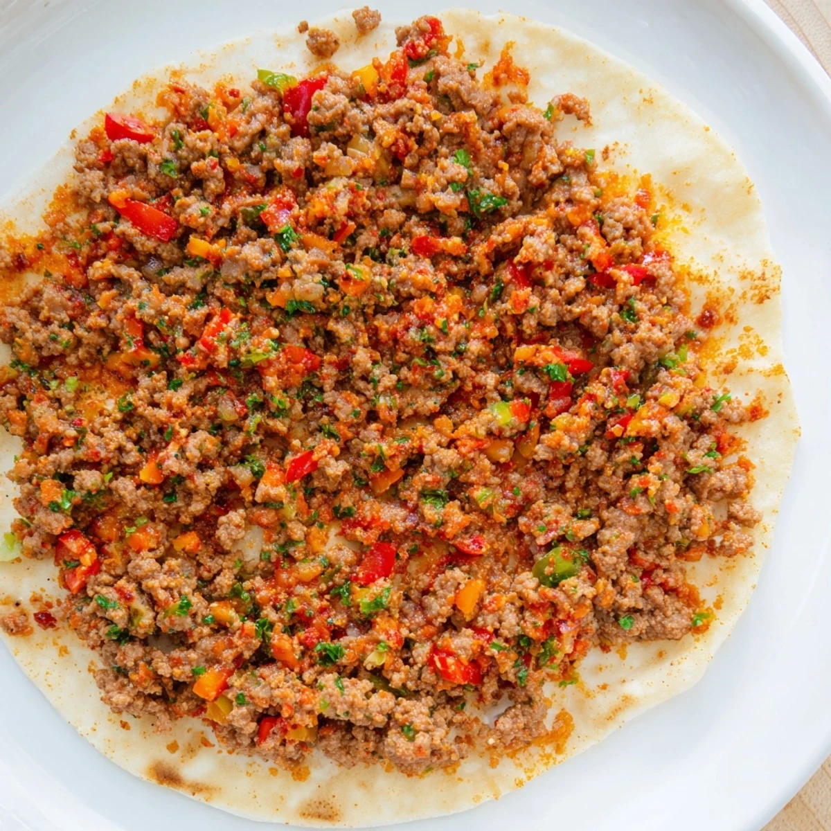 A close-up of freshly baked Turkish Lahmacun showcases flavorful ground meat and vibrant veggie toppings.