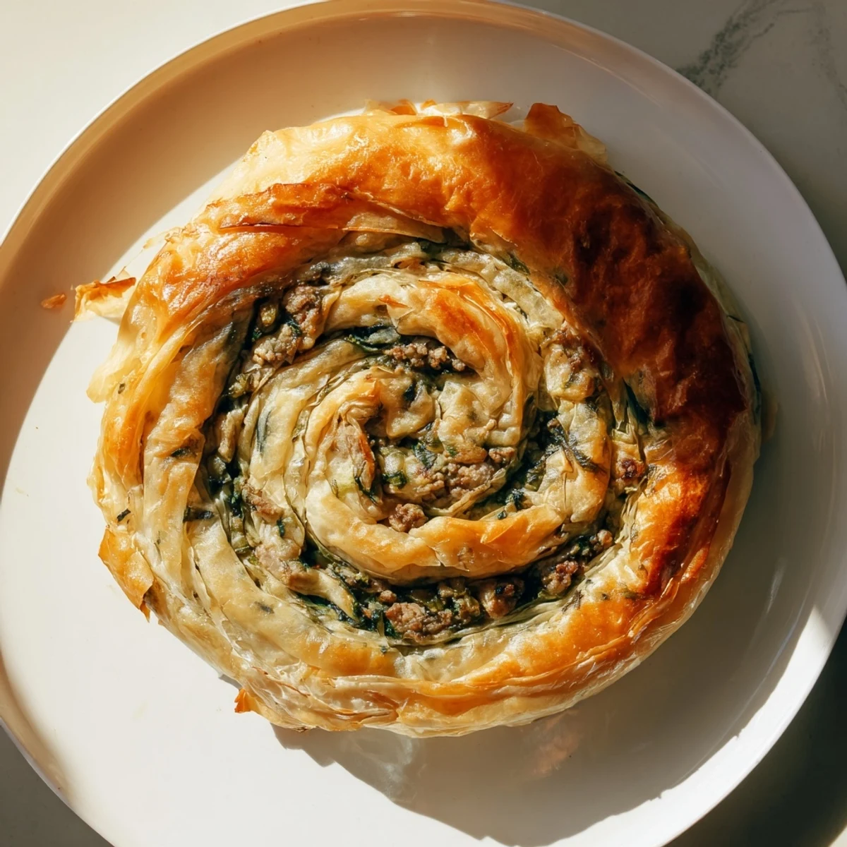 Flaky layers of Bosnian Burek pastry enclosing a hearty meat and spinach filling, baked until crisp.