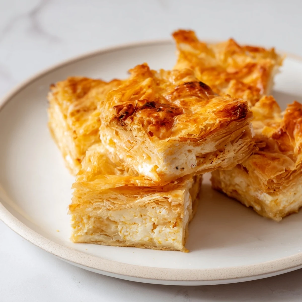 Enjoy a slice of homemade Serbian Gibanica, a delicious layered cheese pie, perfect for an appetizer.
