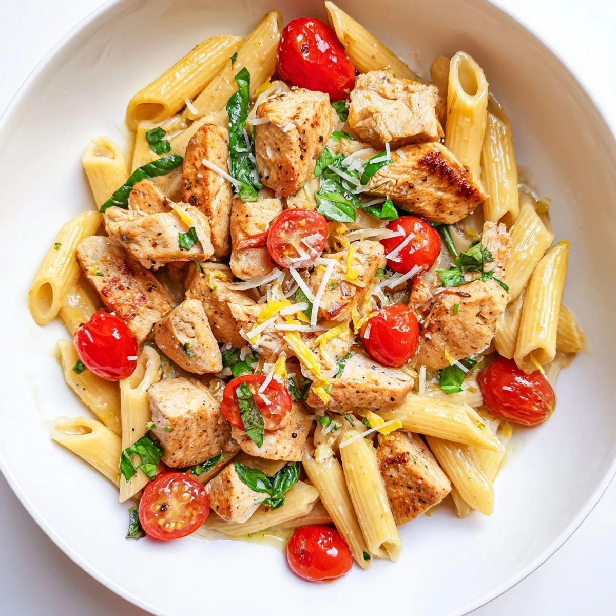One-Pan Lemon Herb Pasta Chicken with glistening pasta, chicken and tomatoes ready to serve.