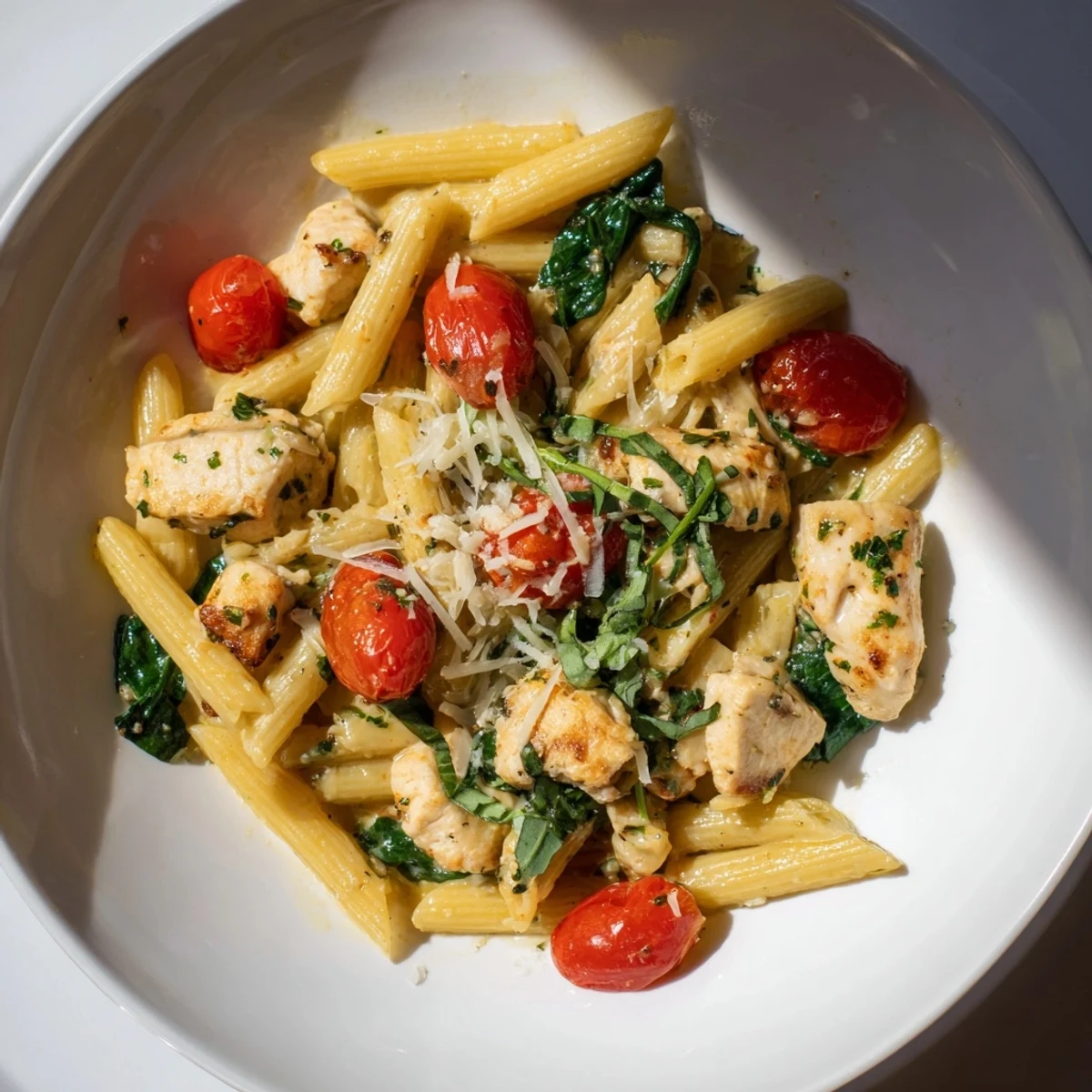 Golden chicken pieces and penne pasta bathed in a bright sauce highlight this easy One-Pan Lemon Herb Pasta Chicken.