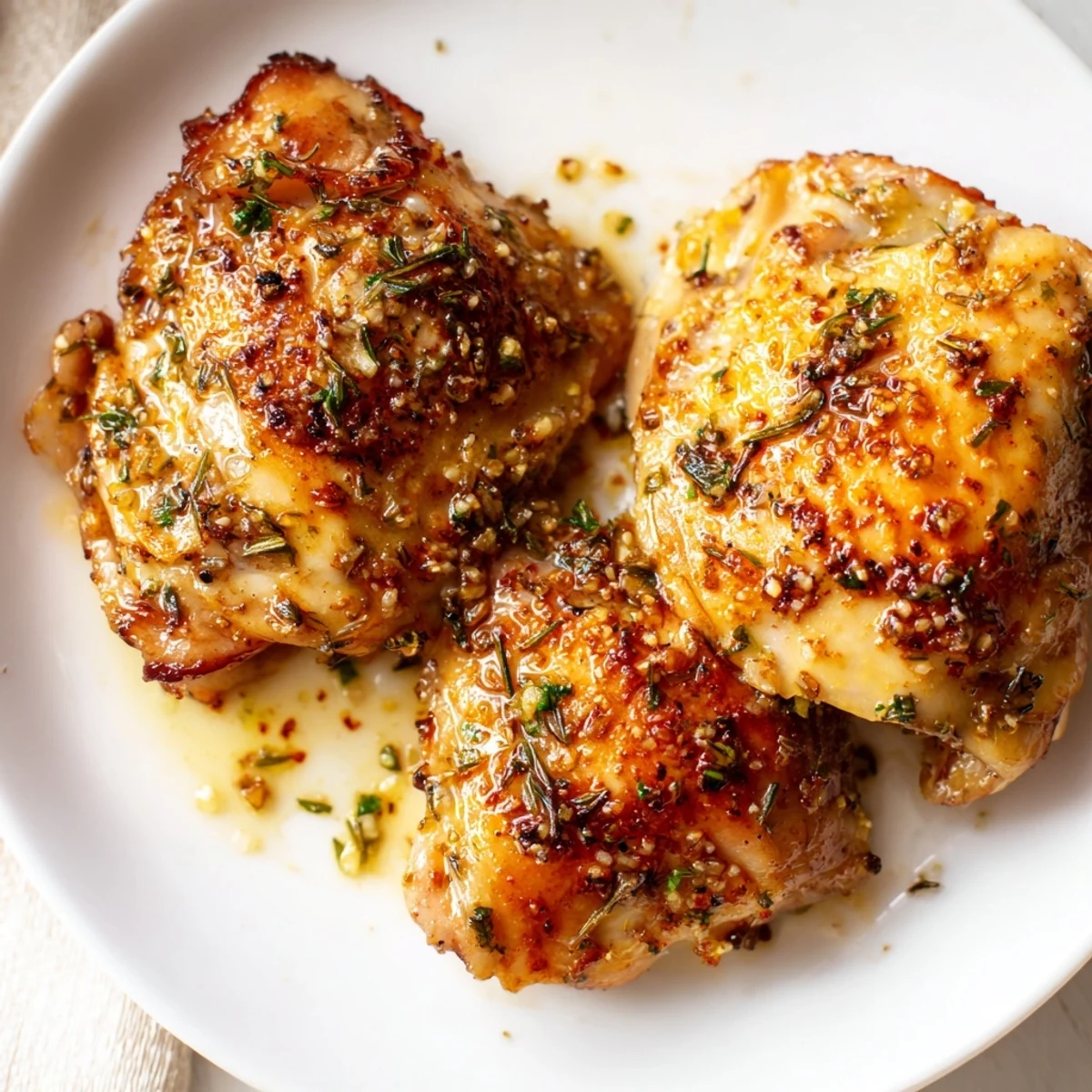 Crispy-skinned Garlic Butter Chicken Thighs, served alongside lemon wedges, showcasing a delectable, easy main dish.