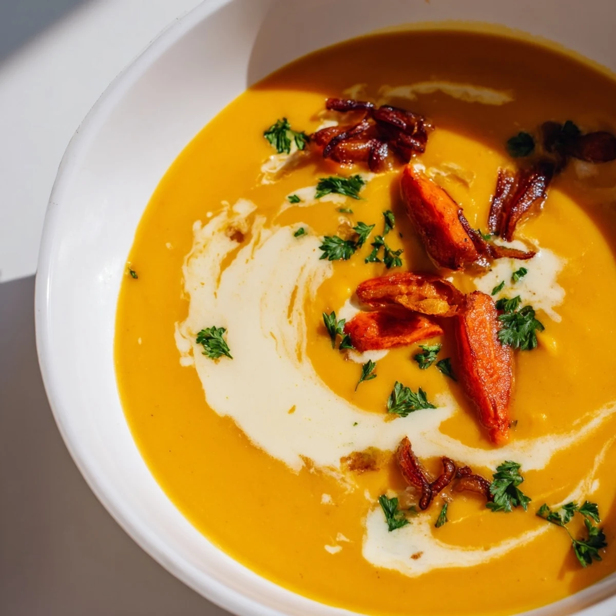 Creamy carrot soup with a swirl of cream, garnished with fresh herbs, ready to serve.