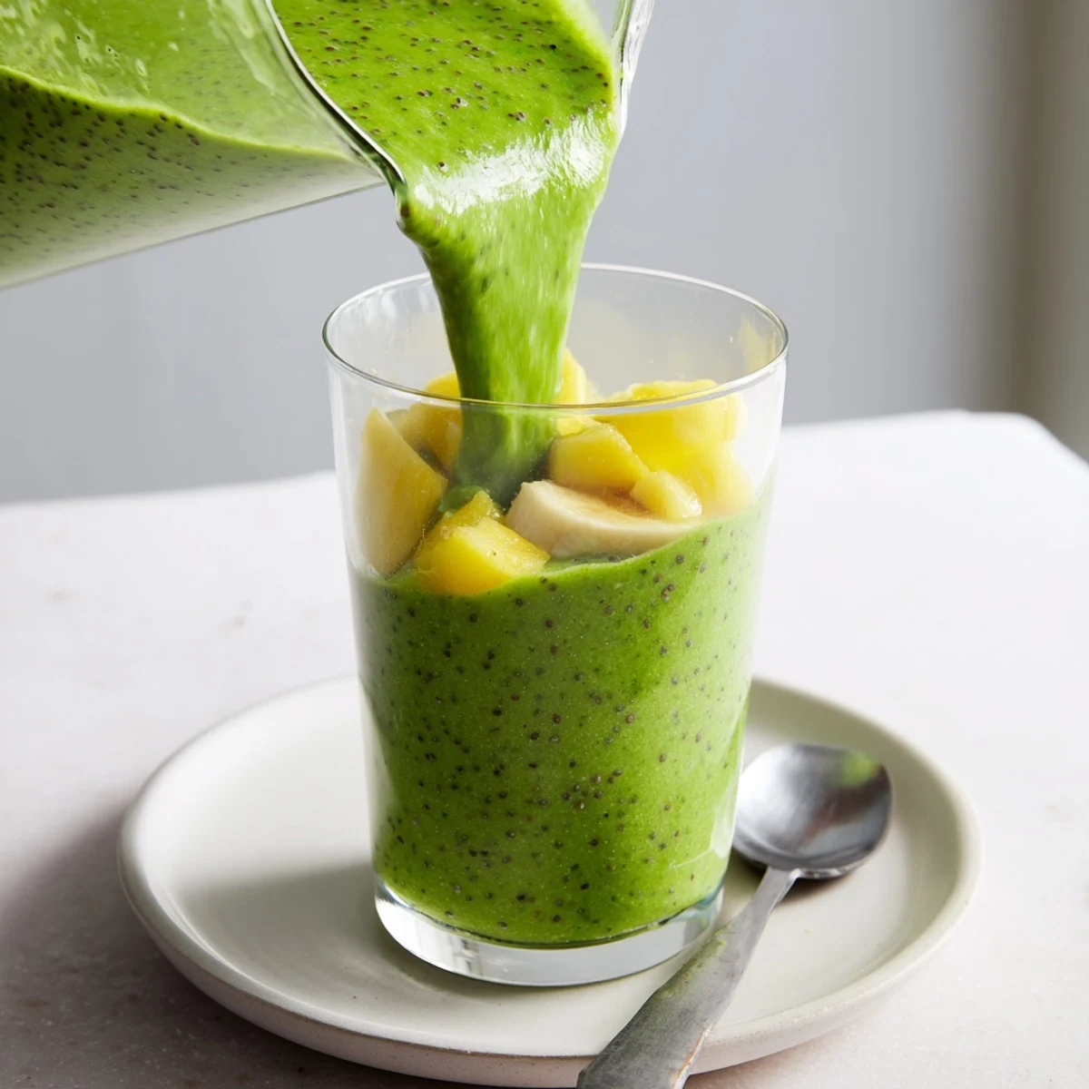 Creamy spinach-hidden smoothie with frozen mango and pineapple, a refreshing breakfast drink.