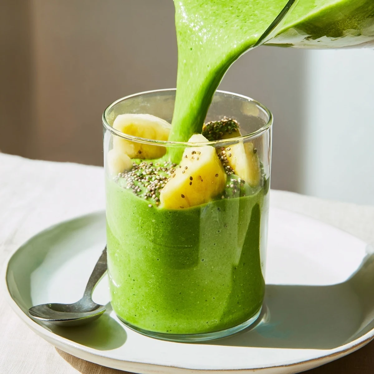 A healthy spinach-hidden smoothie, perfectly smooth, showcasing its beautiful green hue and inviting texture.
