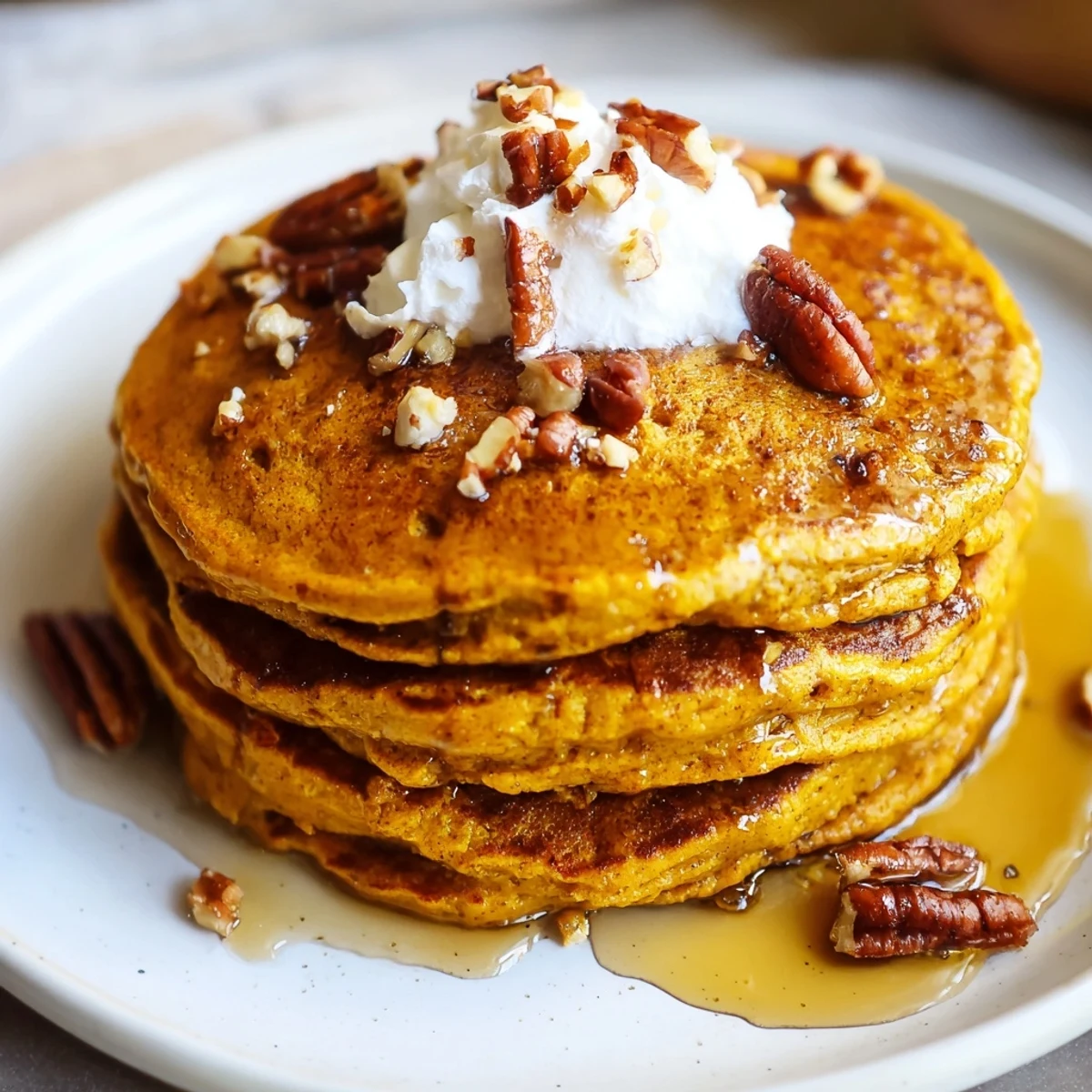 Delicious Pumpkin Spice Pancakes, served with a dollop of whipped cream and a sprinkle of cinnamon.