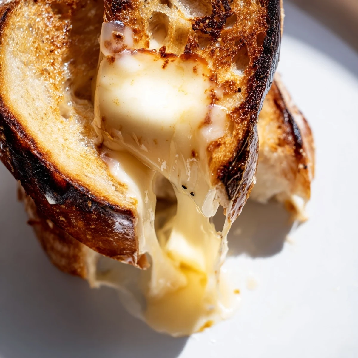 A golden-brown Truffle Grilled Cheese sandwich sits on a wooden board, oozing melted Gruyère with a drizzle of aromatic truffle oil.
