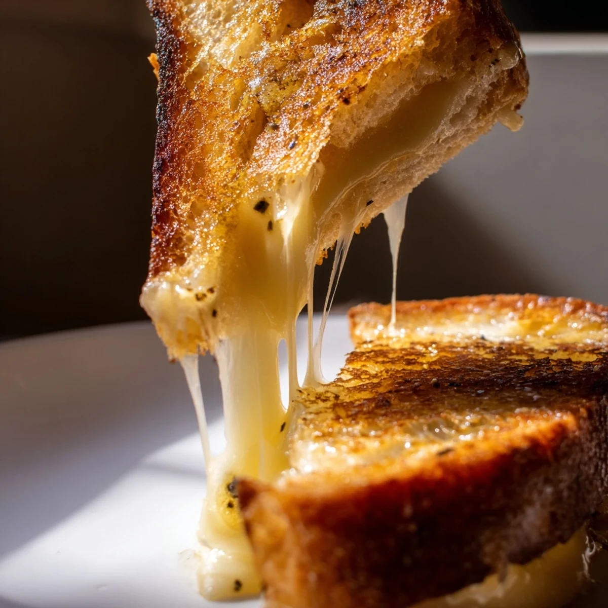 Two crispy, buttery Truffle Grilled Cheese sandwiches are sliced diagonally, revealing gooey cheese and aromatic truffle oil between sourdough slices.