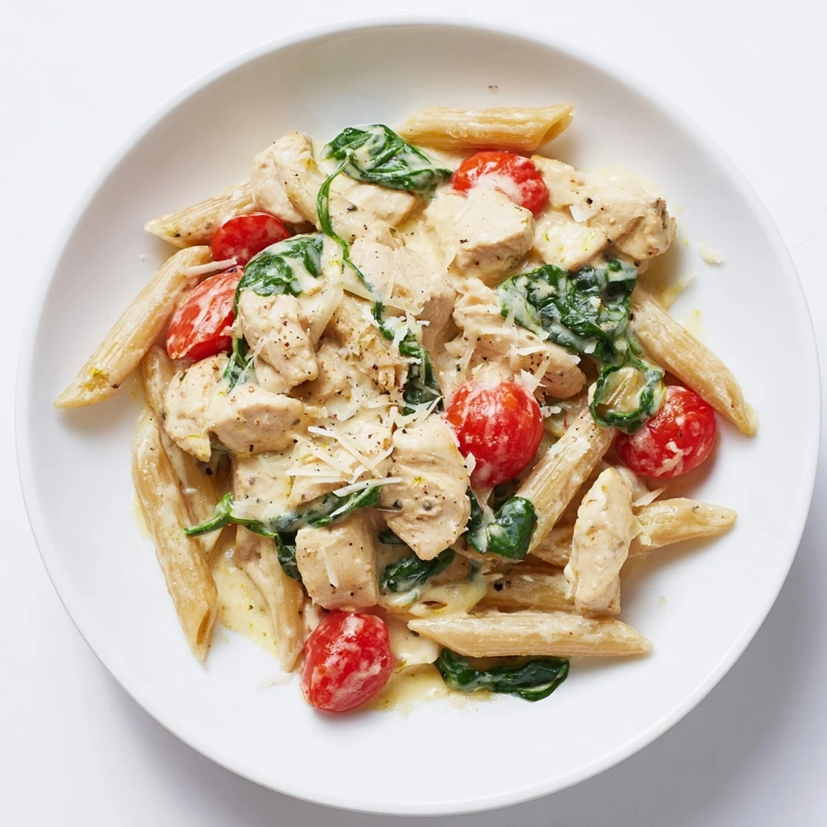 Creamy Greek Yogurt Chicken Pasta in a skillet, with sautéed spinach, cherry tomatoes, and al dente whole wheat penne, garnished with fresh basil and Parmesan.