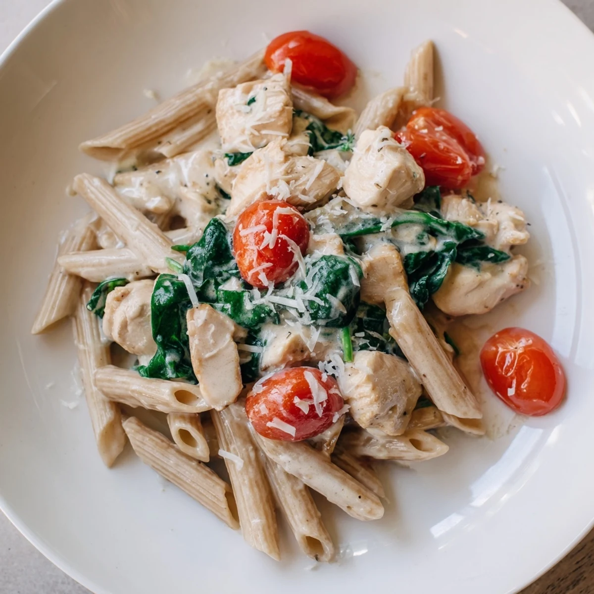 A serving of high-protein Greek Yogurt Chicken Pasta twirled on a fork, showing tender chicken pieces, creamy sauce, and vibrant spinach in a dinner setting.