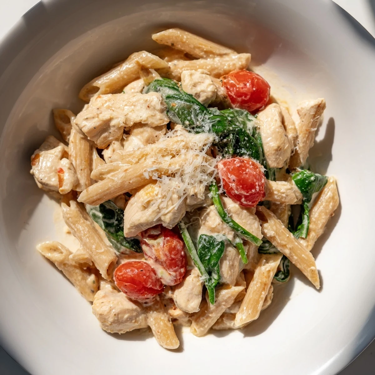 Close-up of Greek Yogurt Chicken Pasta in a white bowl, featuring golden chicken, wilted spinach, and halved cherry tomatoes, perfect for a healthy weeknight meal.