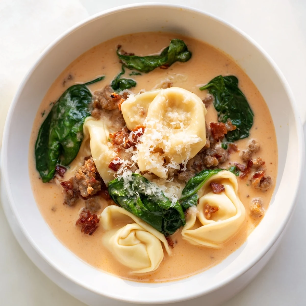 Creamy Tuscan Tortellini Soup with Italian sausage, spinach, and tomato broth served in a rustic bowl.