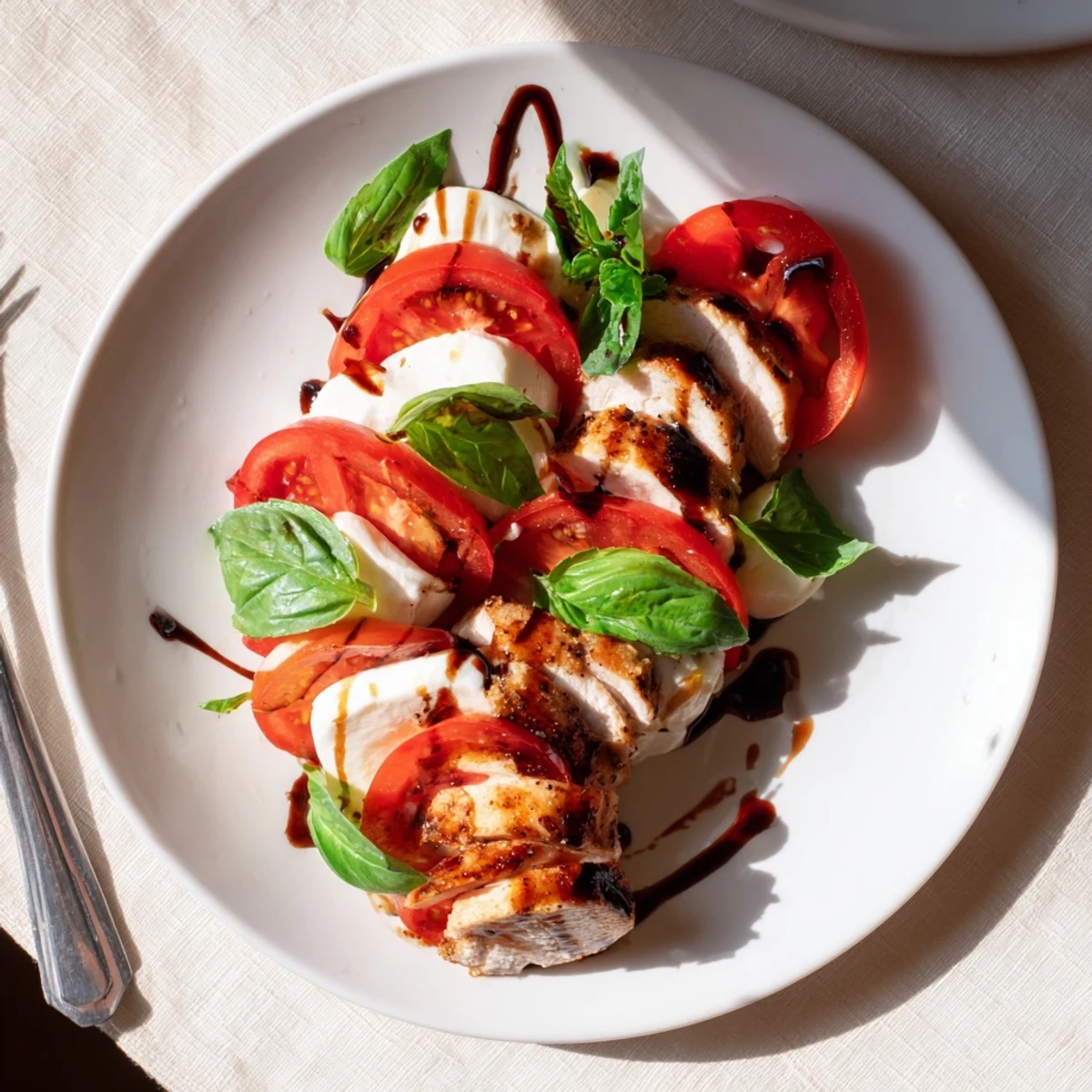 Freshly grilled chicken slices are layered over juicy tomatoes and creamy mozzarella, drizzled with balsamic glaze on this Chicken Caprese Salad.