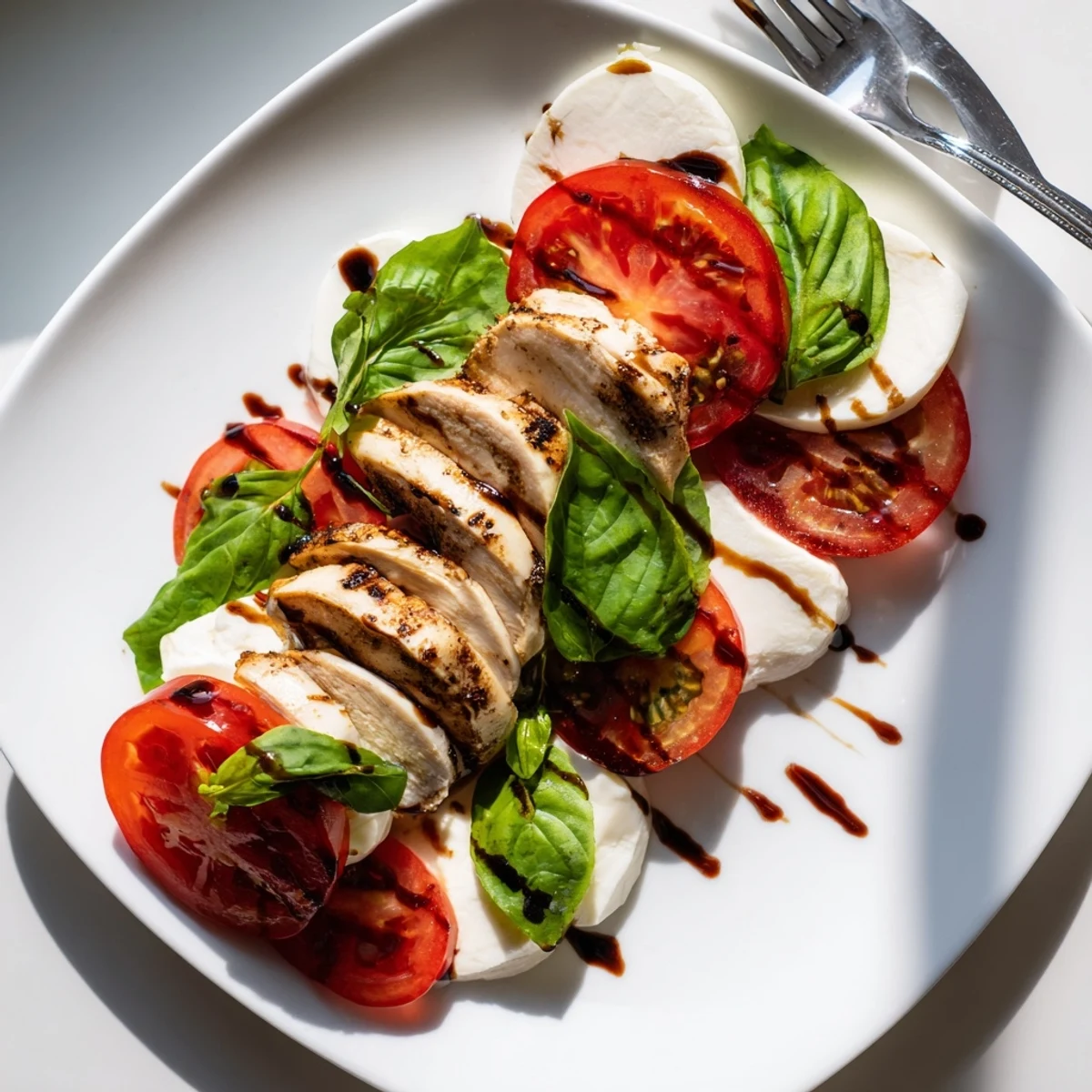This Chicken Caprese Salad features tender grilled chicken, ripe tomato slices, and creamy mozzarella on a bed of greens with a sweet balsamic finish.