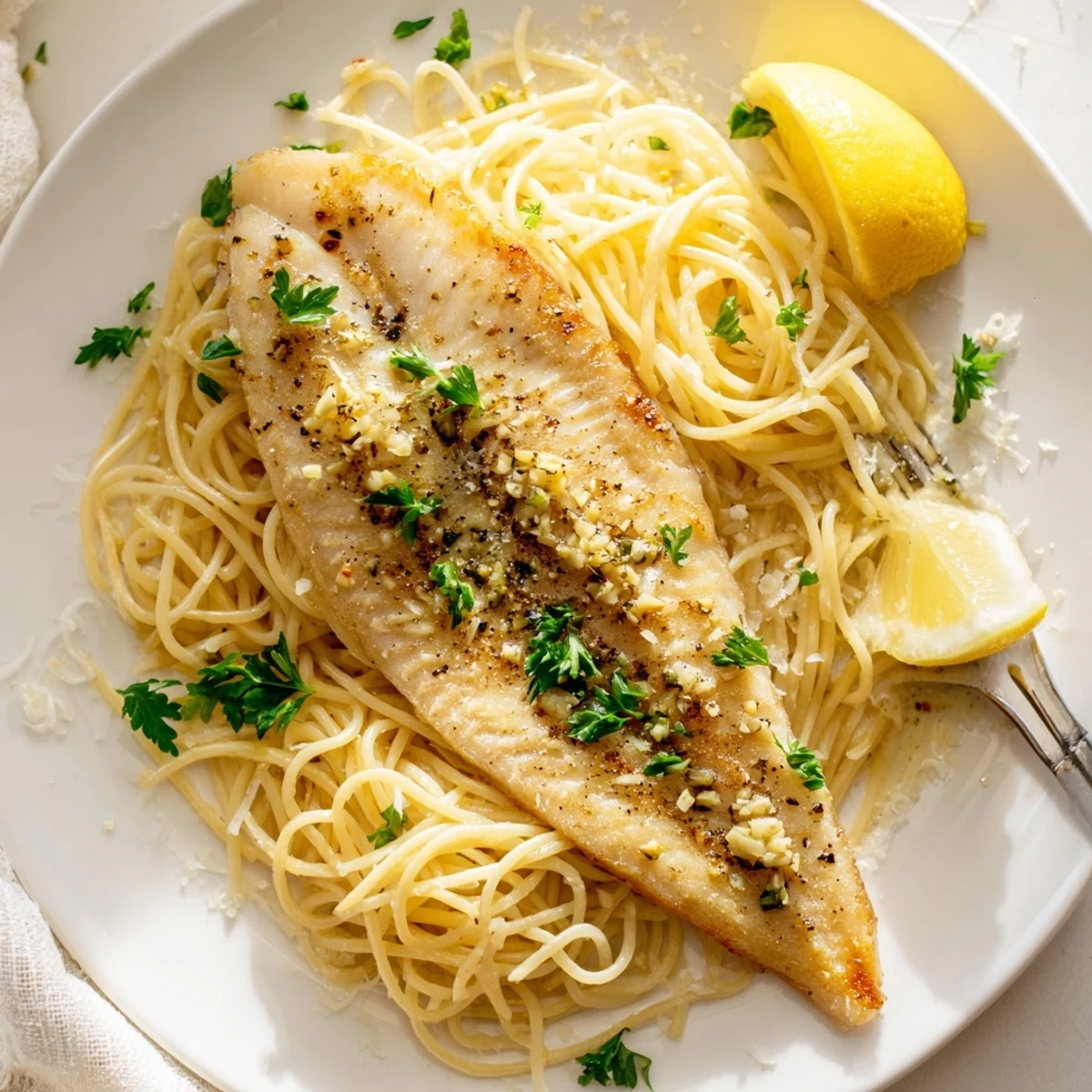 Close-up of tender white fish atop Lemon Bass Pasta, with garlic butter sauce and a squeeze of fresh lemon wedges.