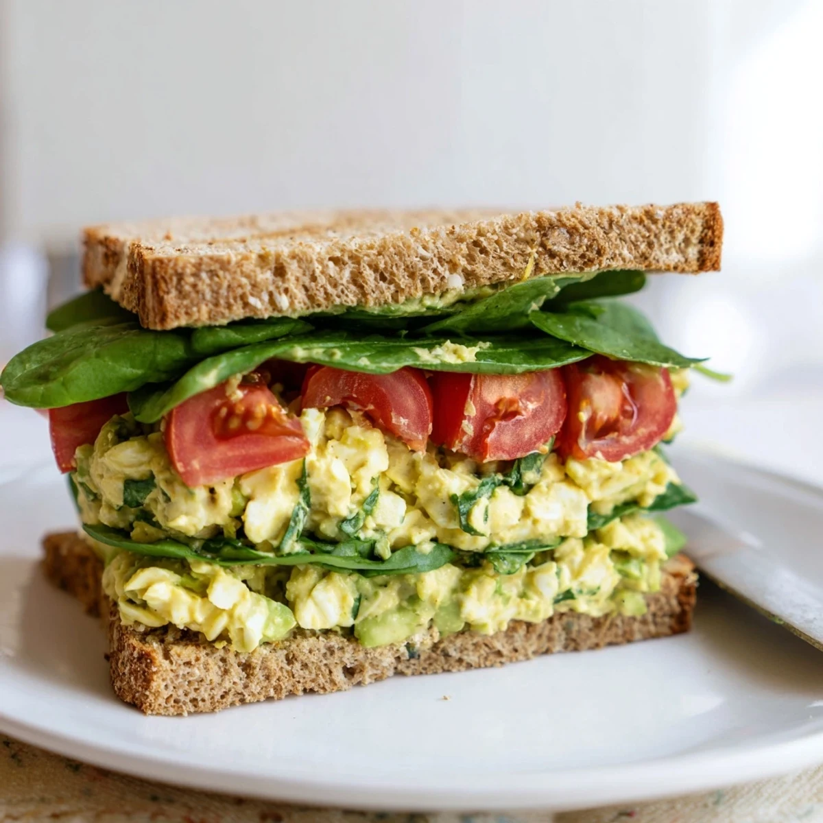 Close-up of avocado egg salad sandwich with creamy texture, chives, and lemon zest on hearty whole grain bread.