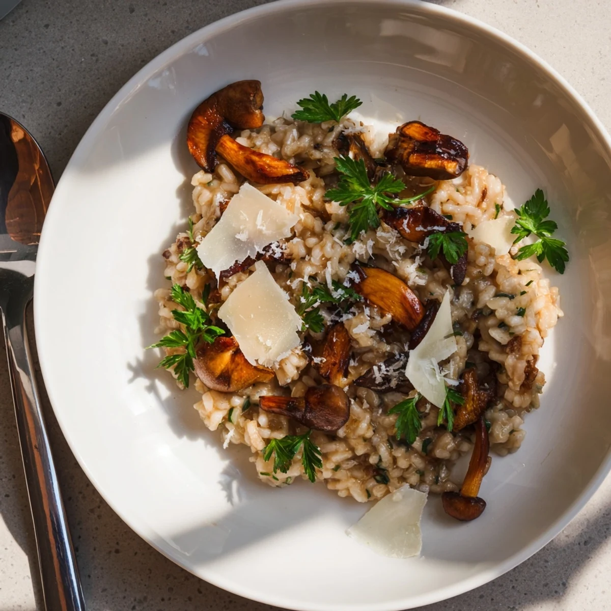Golden roasted mushrooms and creamy Parmesan risotto in a white bowl, garnished with fresh thyme and parsley for a rustic Italian dinner.