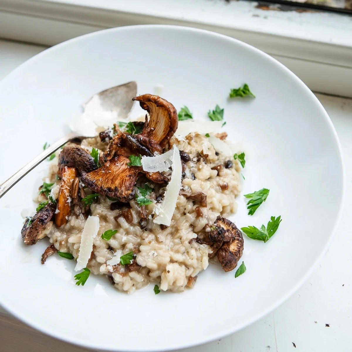 A close-up of a serving of roasted mushroom risotto showing tender arborio rice, caramelized mushrooms, and melted cheese.