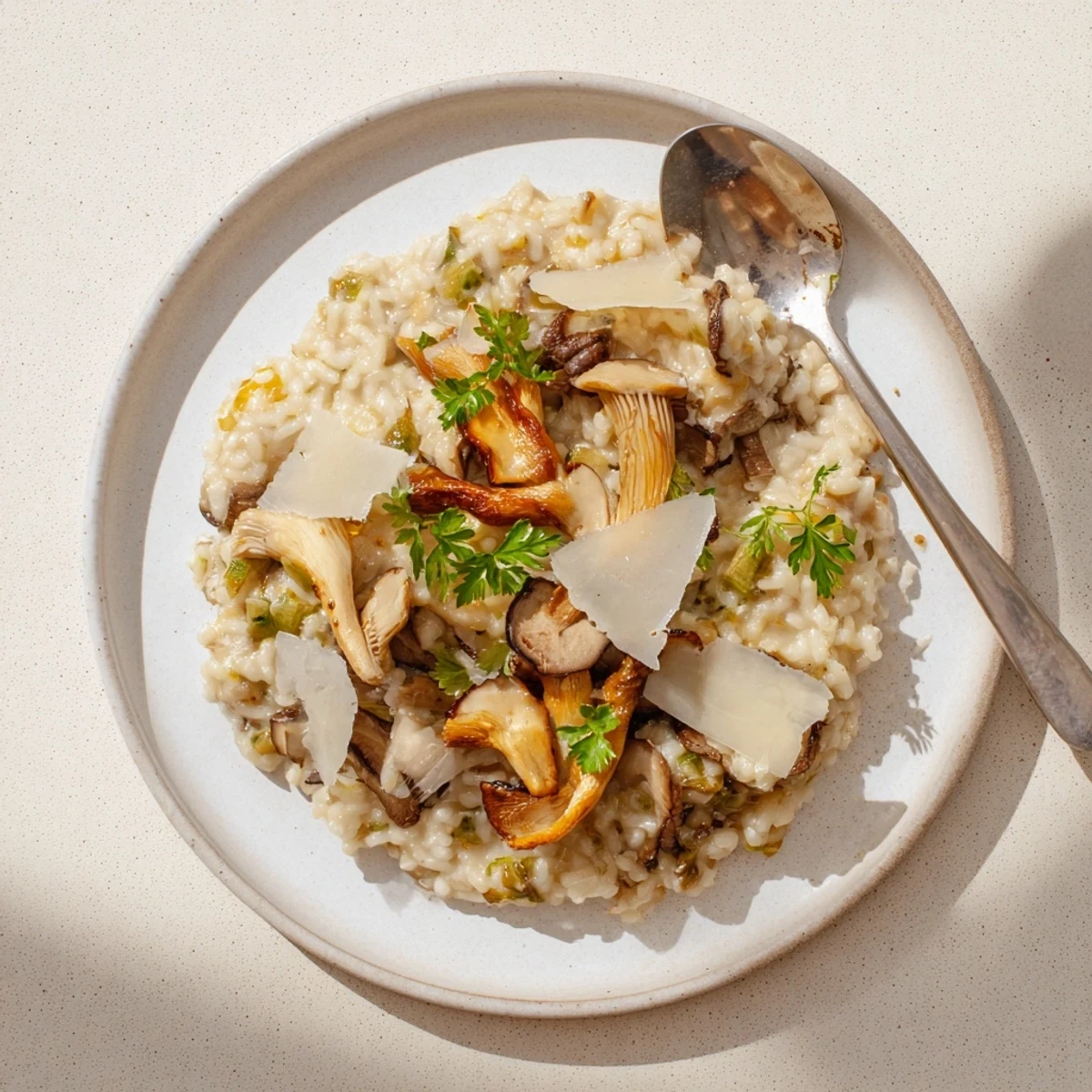 Homemade vegetarian roasted mushroom risotto, served warm with extra Parmesan and thyme on a wooden table.